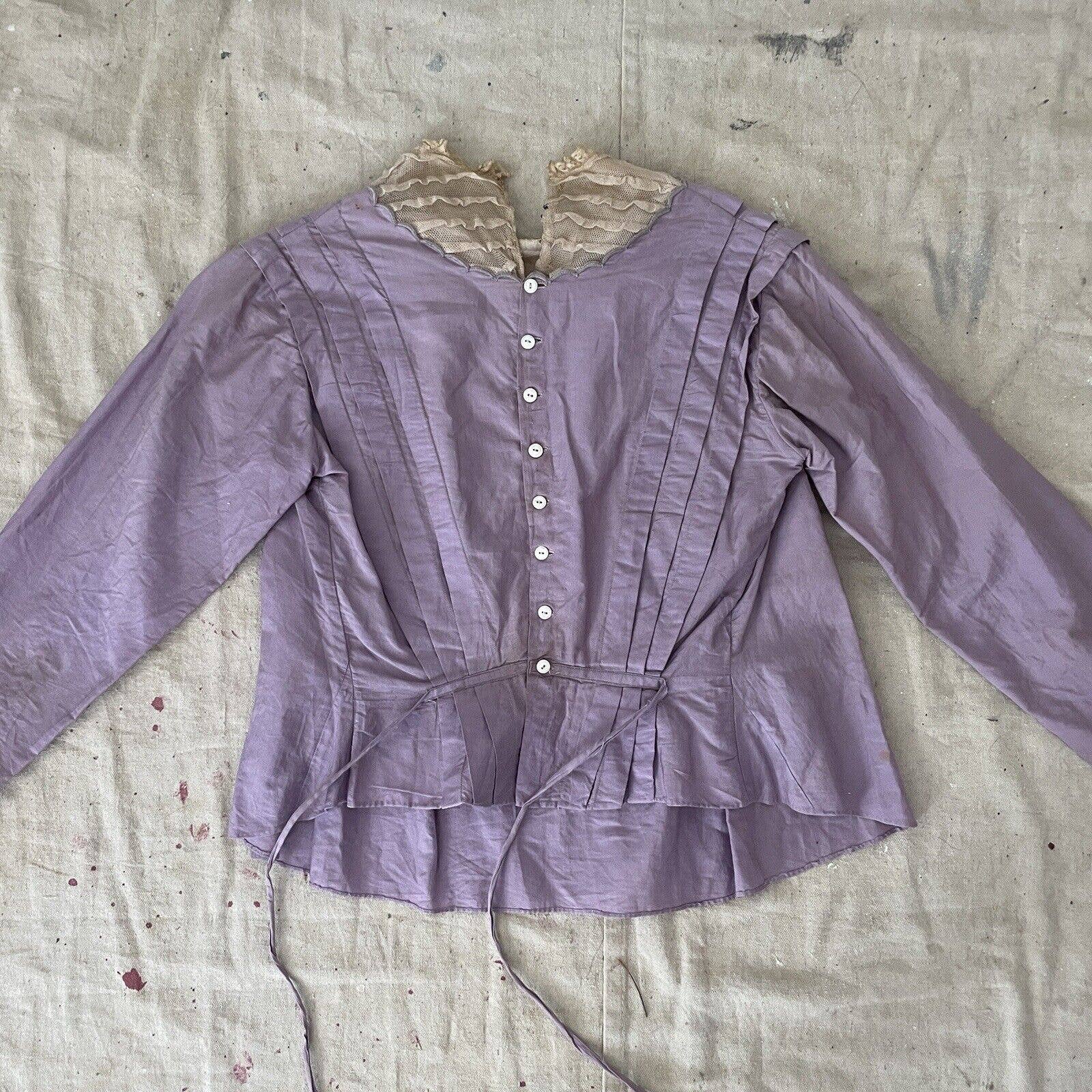 Antique Edwardian Purple Cotton Shirtwaist Blouse Lace Pintucks - Image 3