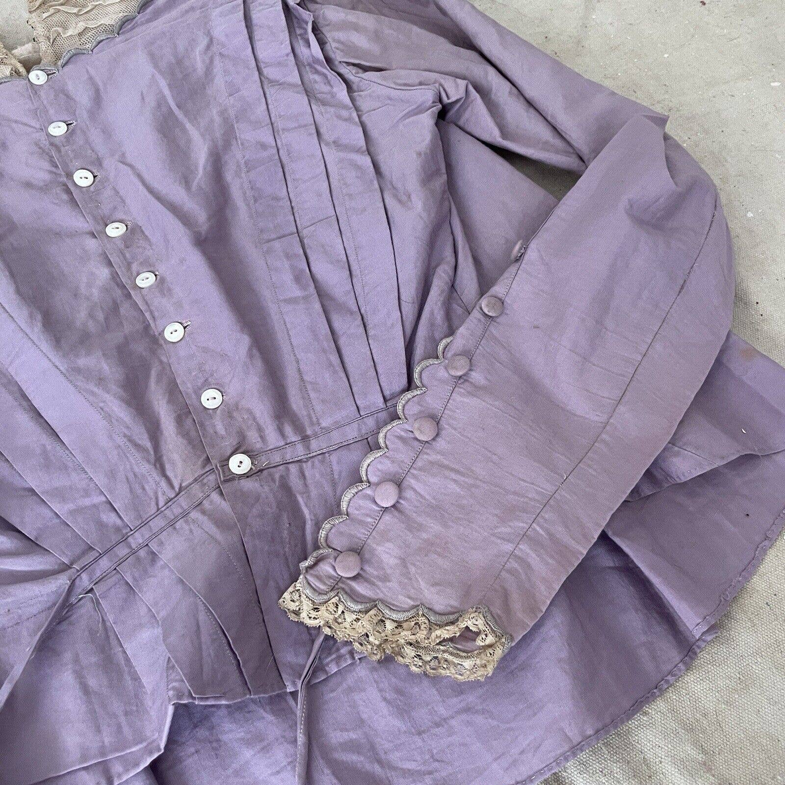 Antique Edwardian Purple Cotton Shirtwaist Blouse Lace Pintucks - Image 4