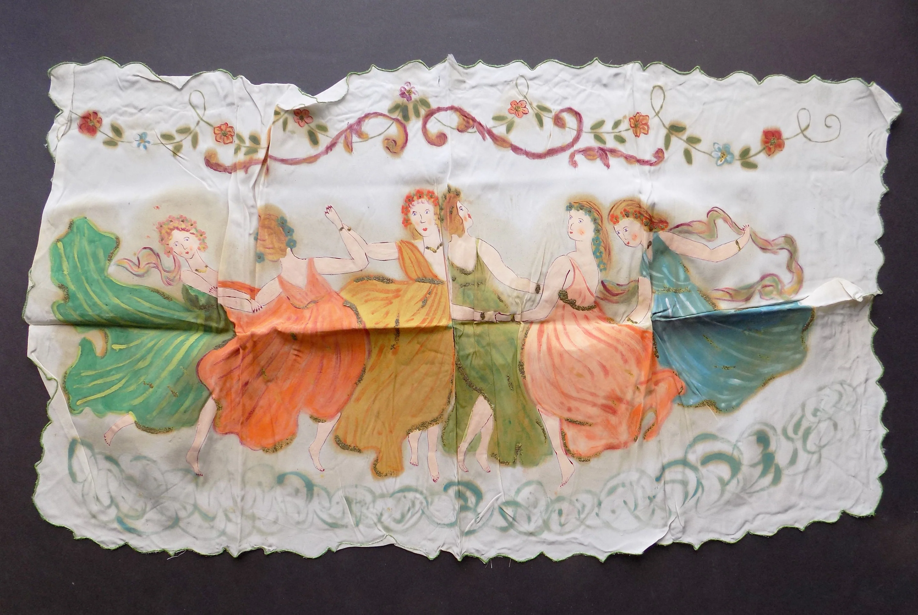 Antique Hand Painted Primitive Table Runners Dresser Scarves Or Folk Scenes Metallic Detailing Hand Edged - Image 2