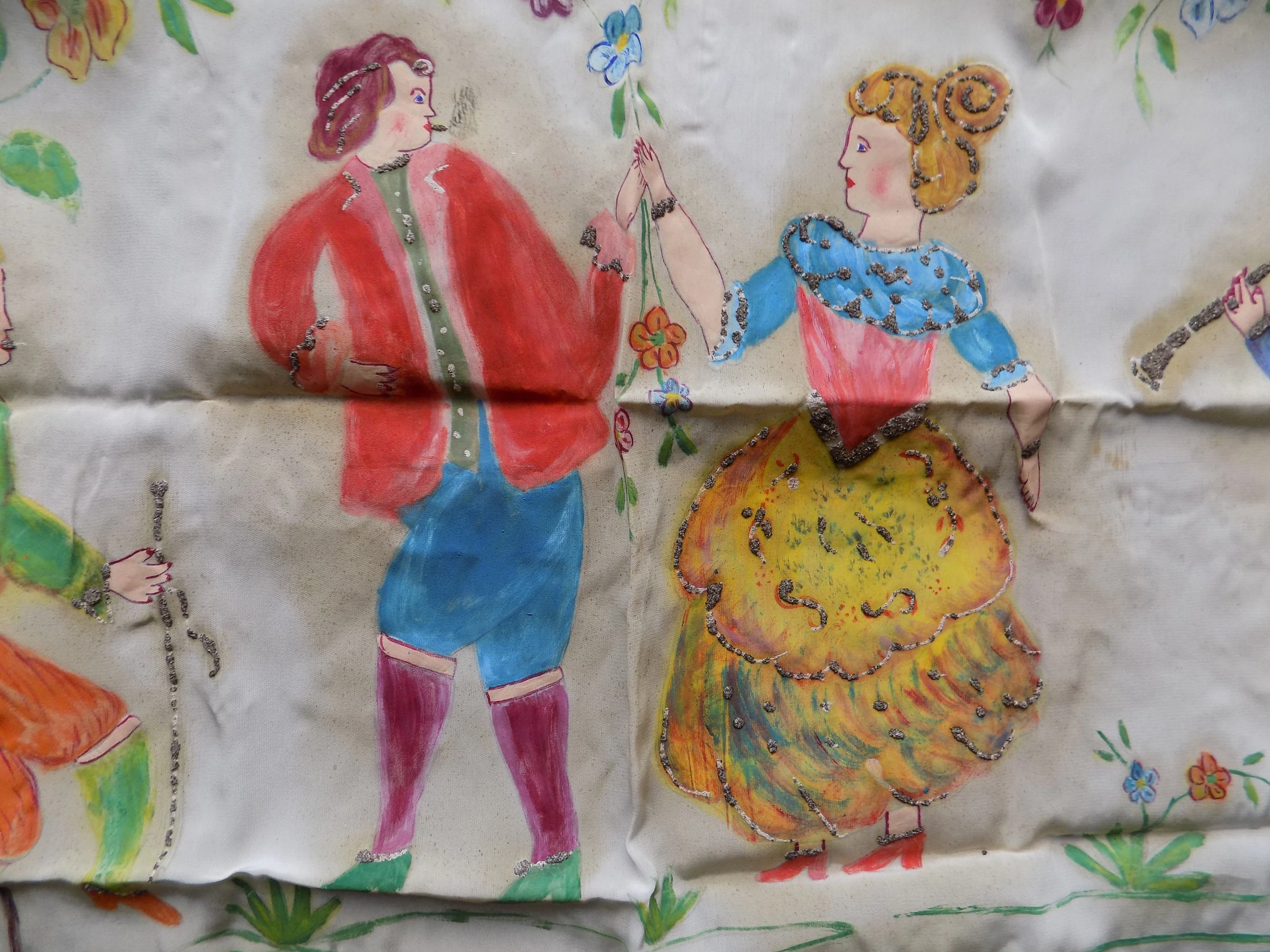 Antique Hand Painted Primitive Table Runners Dresser Scarves Or Folk Scenes Metallic Detailing Hand Edged - Image 3
