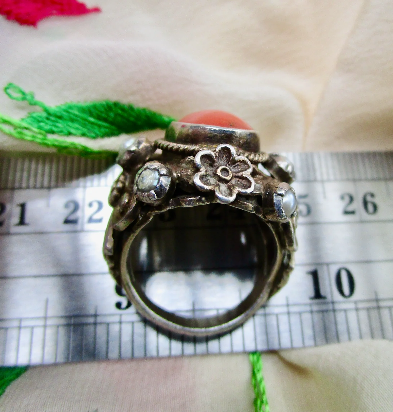 Antique Orange-red Coral Ring Sterling With Pearls - Image 7