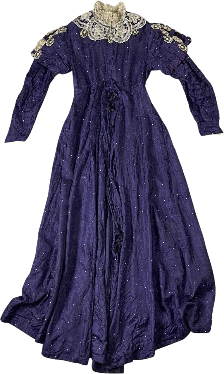 Antique Victorian Purple Silk Satin Polka Dot Dress Lace Embroidered Appliqués