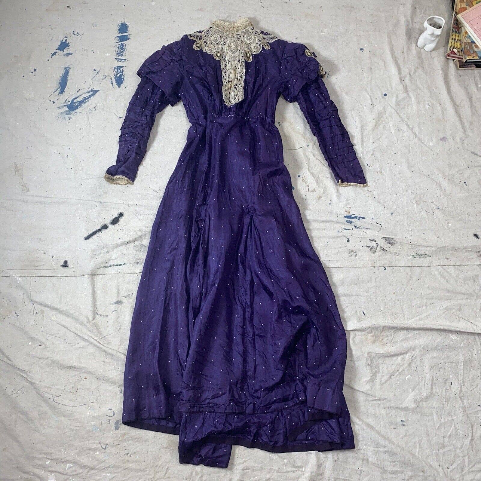 Antique Victorian Purple Silk Satin Polka Dot Dress Lace Embroidered Appliqués - Image 2