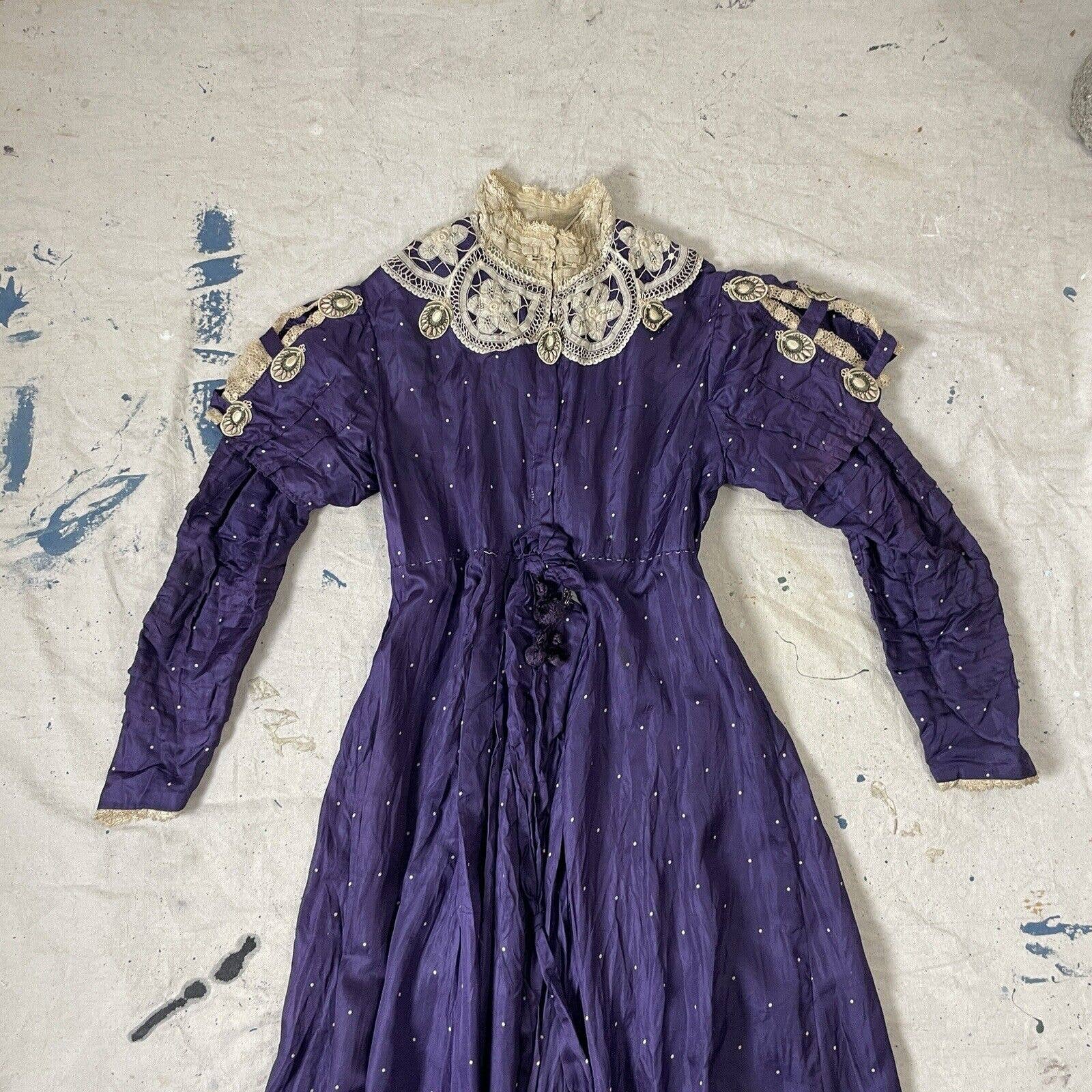 Antique Victorian Purple Silk Satin Polka Dot Dress Lace Embroidered Appliqués - Image 3
