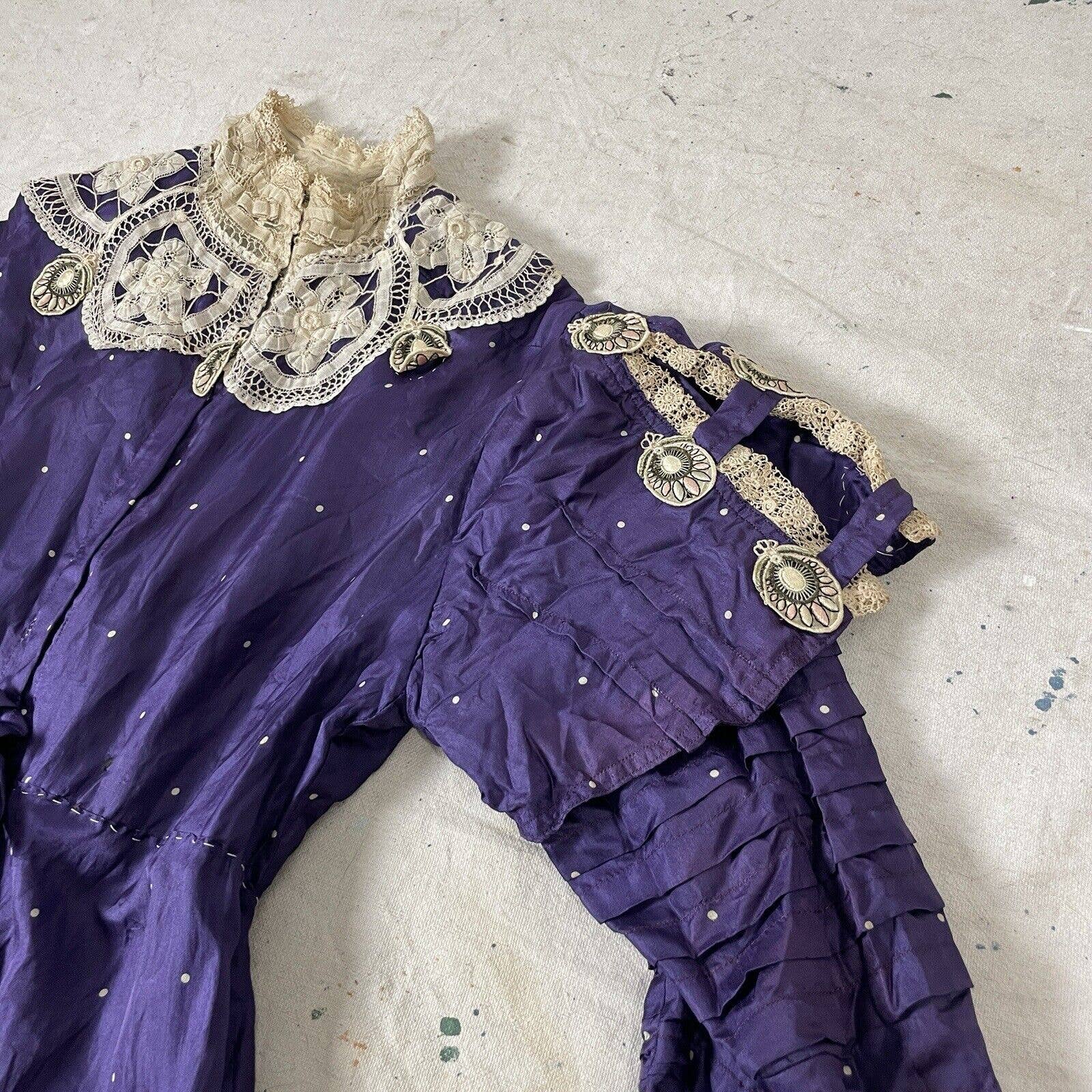 Antique Victorian Purple Silk Satin Polka Dot Dress Lace Embroidered Appliqués - Image 4