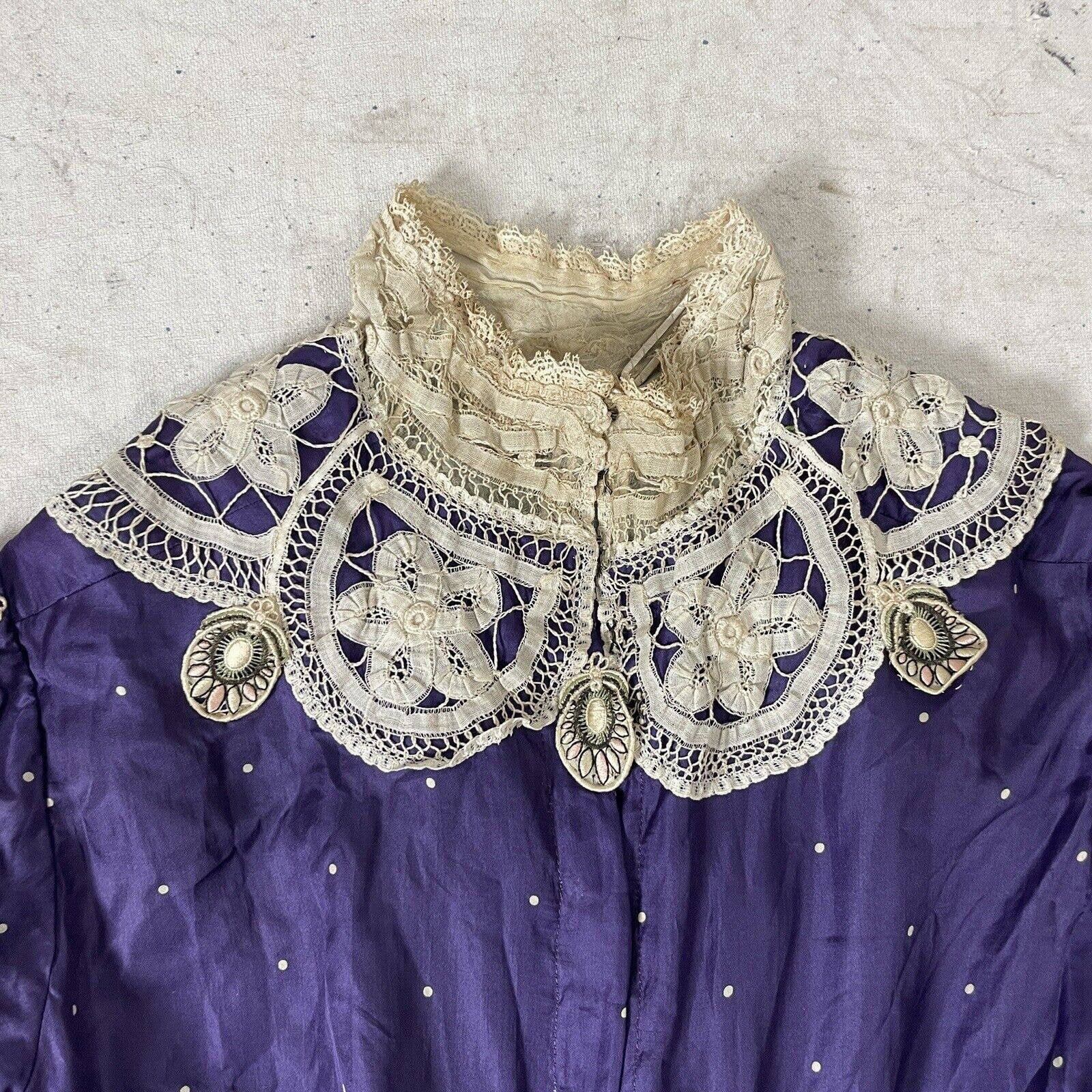 Antique Victorian Purple Silk Satin Polka Dot Dress Lace Embroidered Appliqués - Image 5