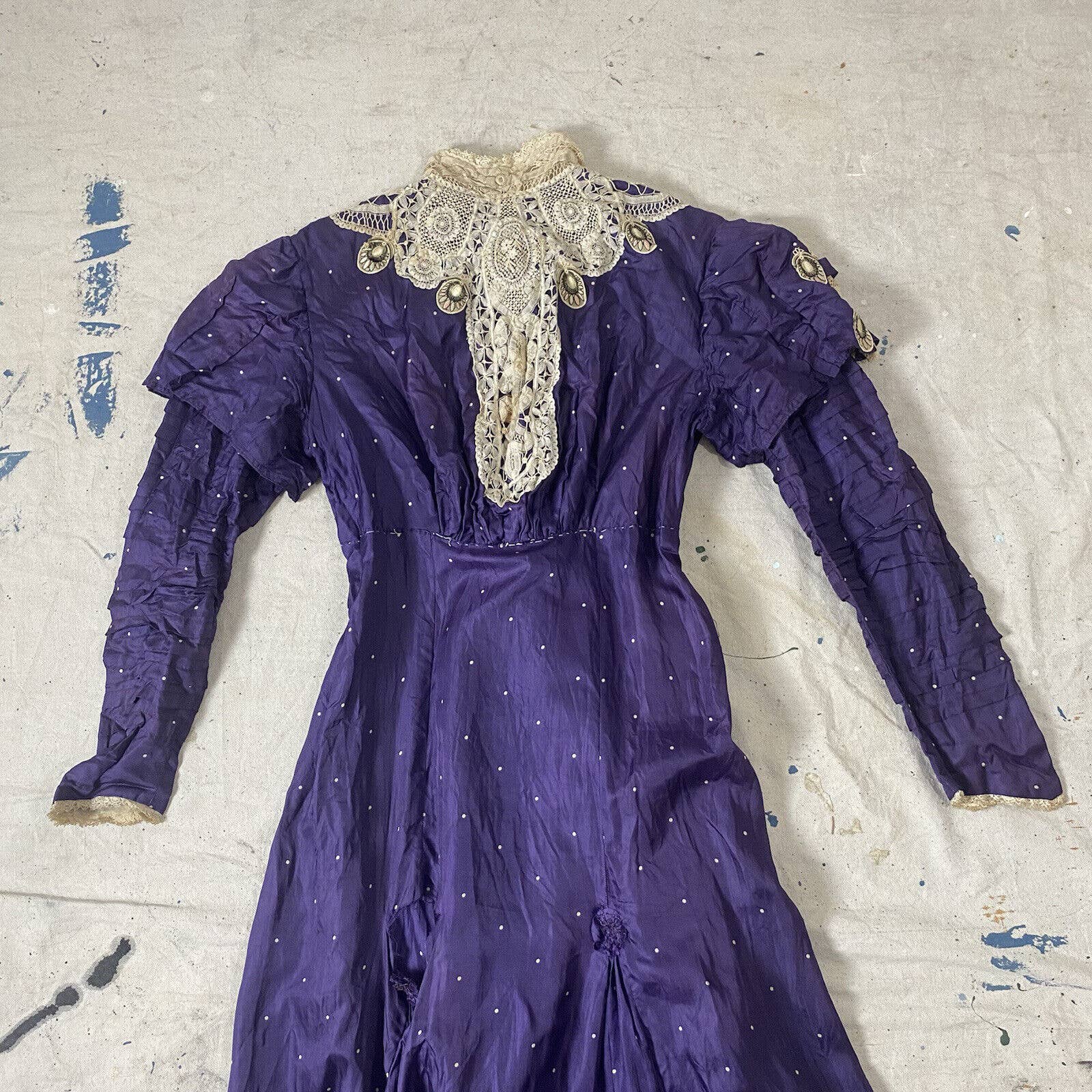 Antique Victorian Purple Silk Satin Polka Dot Dress Lace Embroidered Appliqués - Image 6
