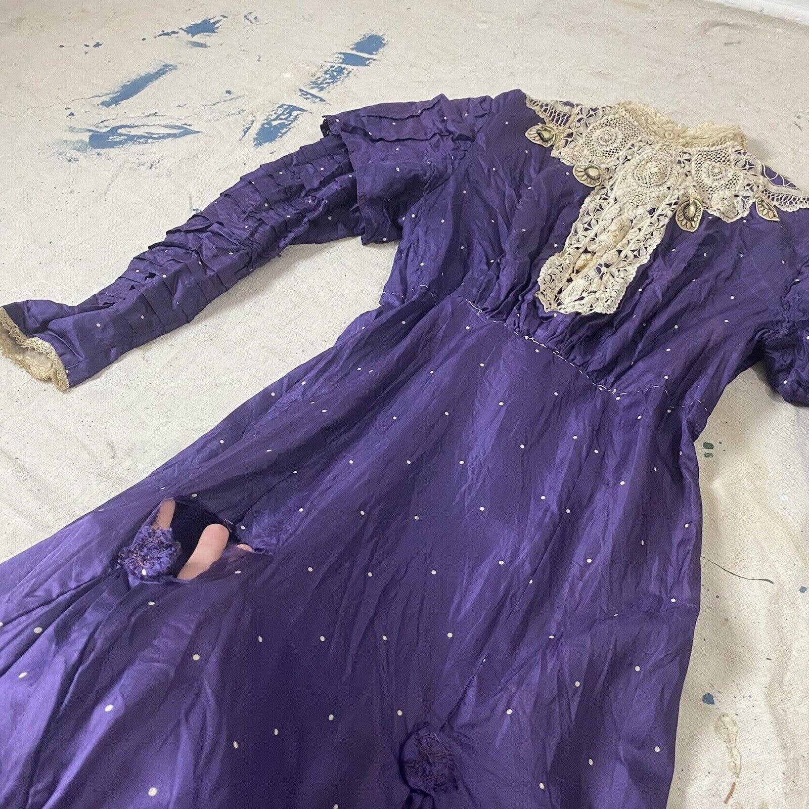 Antique Victorian Purple Silk Satin Polka Dot Dress Lace Embroidered Appliqués - Image 7