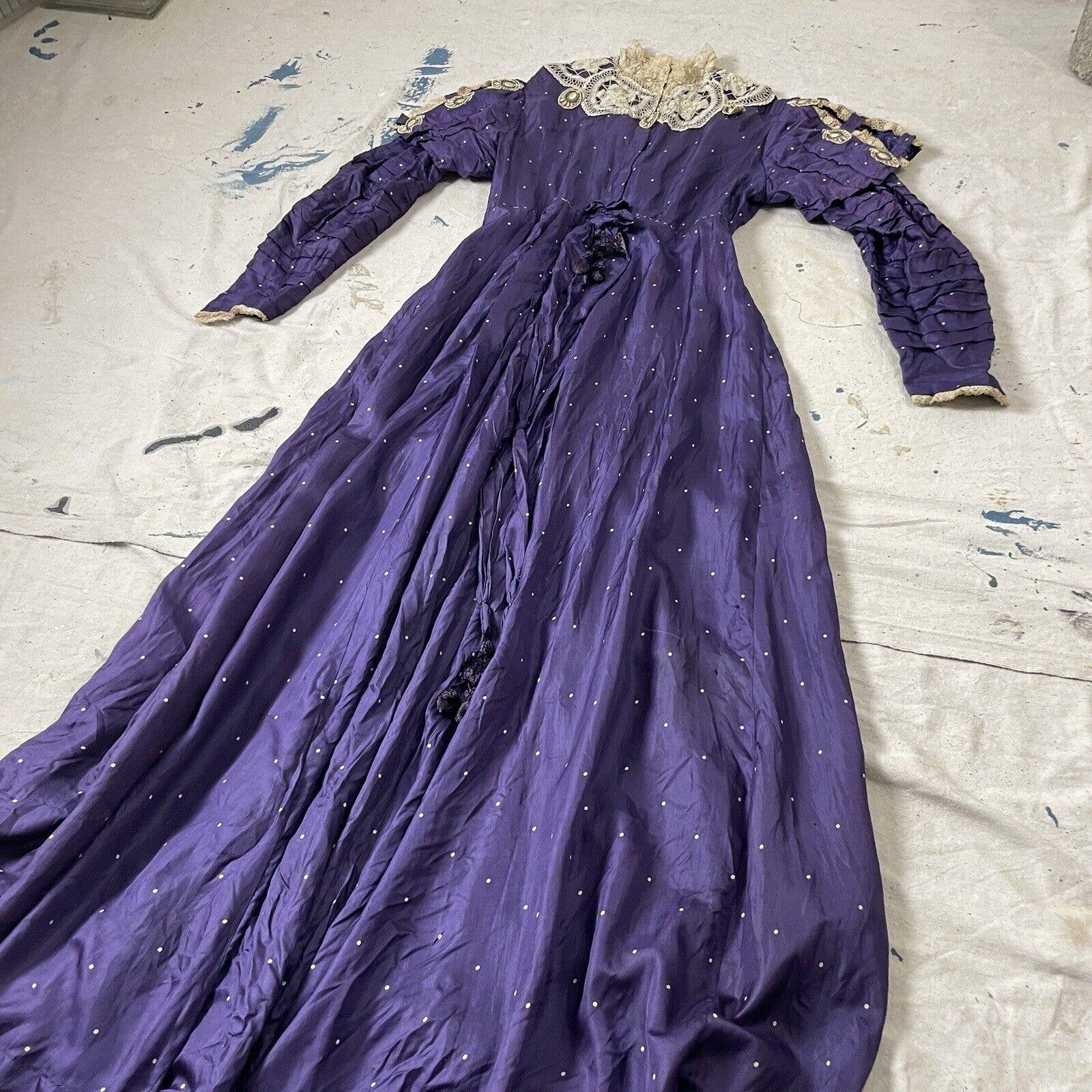 Antique Victorian Purple Silk Satin Polka Dot Dress Lace Embroidered Appliqués - Image 8