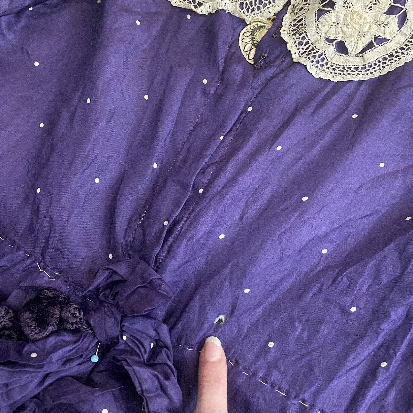 Antique Victorian Purple Silk Satin Polka Dot Dress Lace Embroidered Appliqués - Image 9