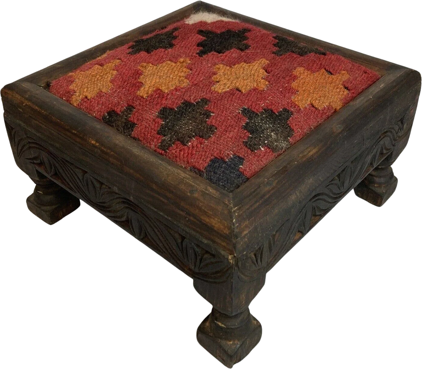 Antique Vintage 12x12 Wool Upholstered Wood Foot Stool Carved by Antique