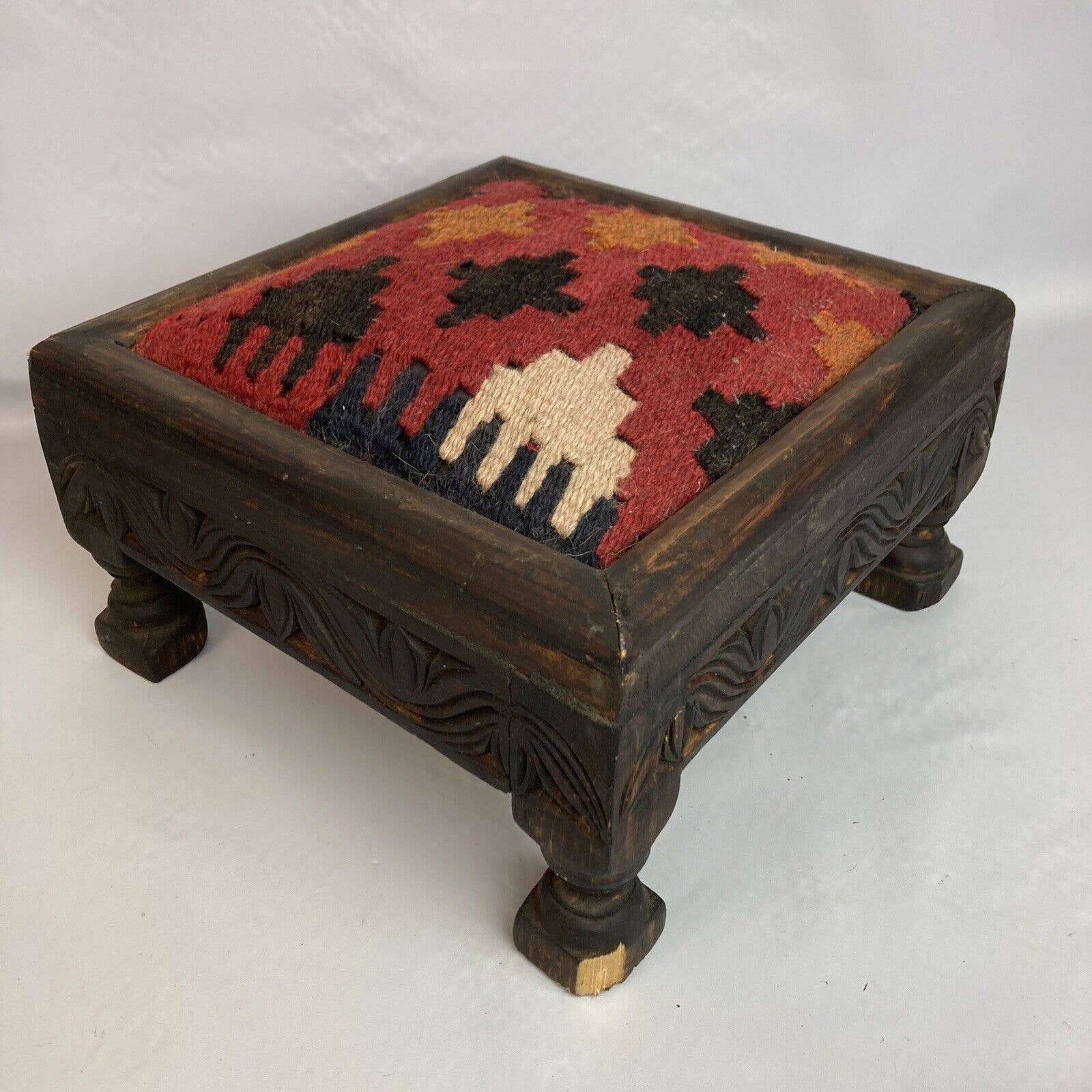 Antique Vintage 12x12 Wool Upholstered Wood Foot Stool Carved by Antique - Image 3