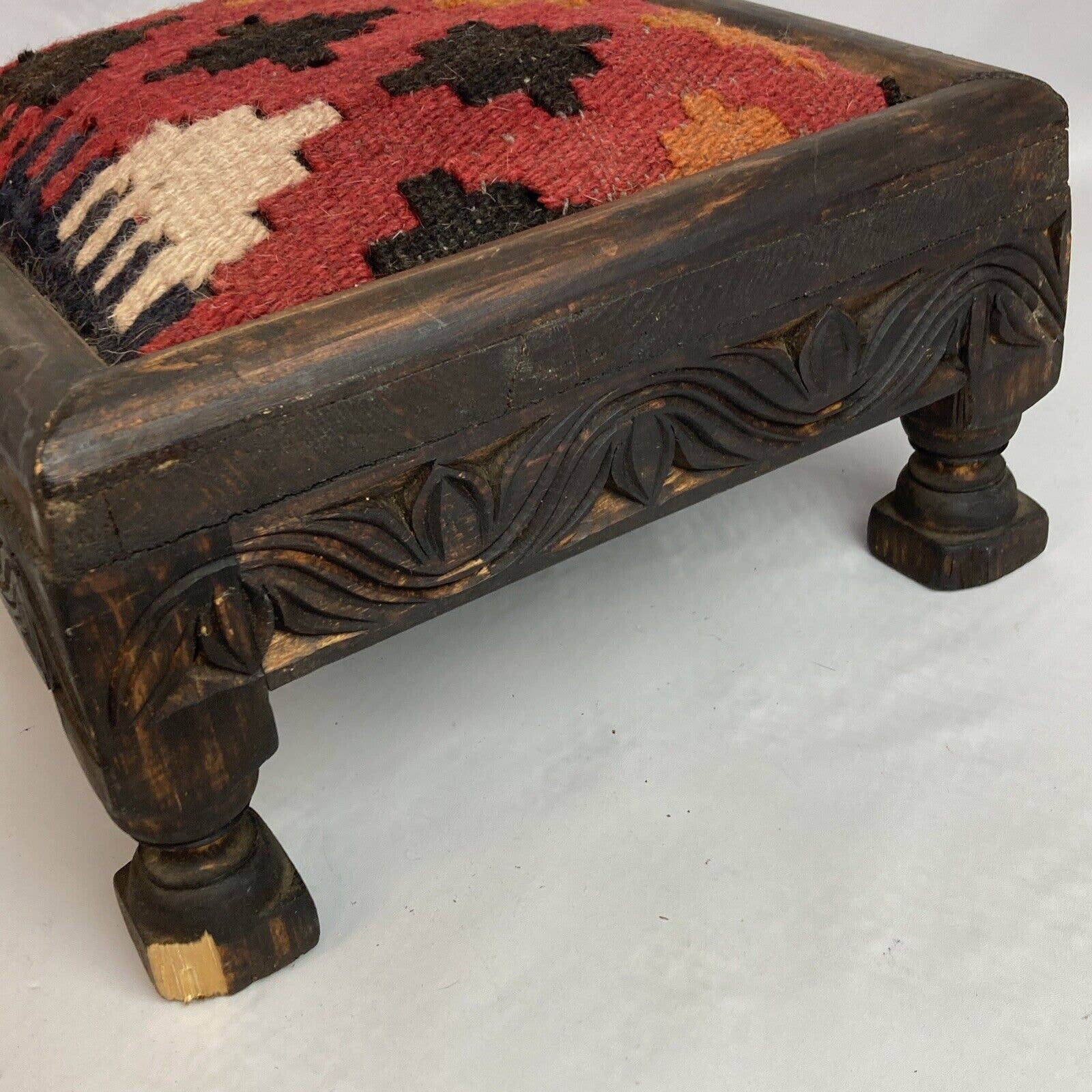 Antique Vintage 12x12 Wool Upholstered Wood Foot Stool Carved by Antique - Image 8