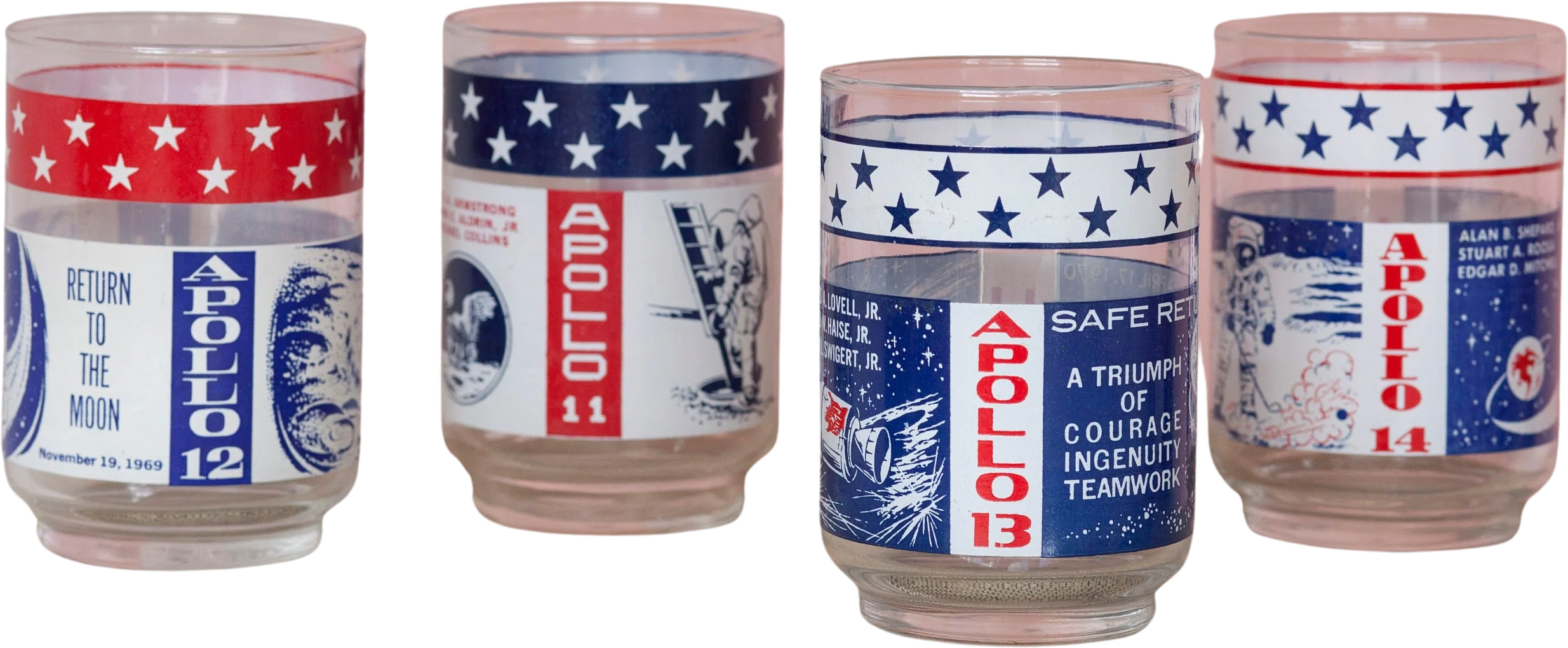 Apollo Commemorative Vintage Libbey Space Race Glasses Set of Four Apollo 11 12, 13 and 14 Collectable Tumblers