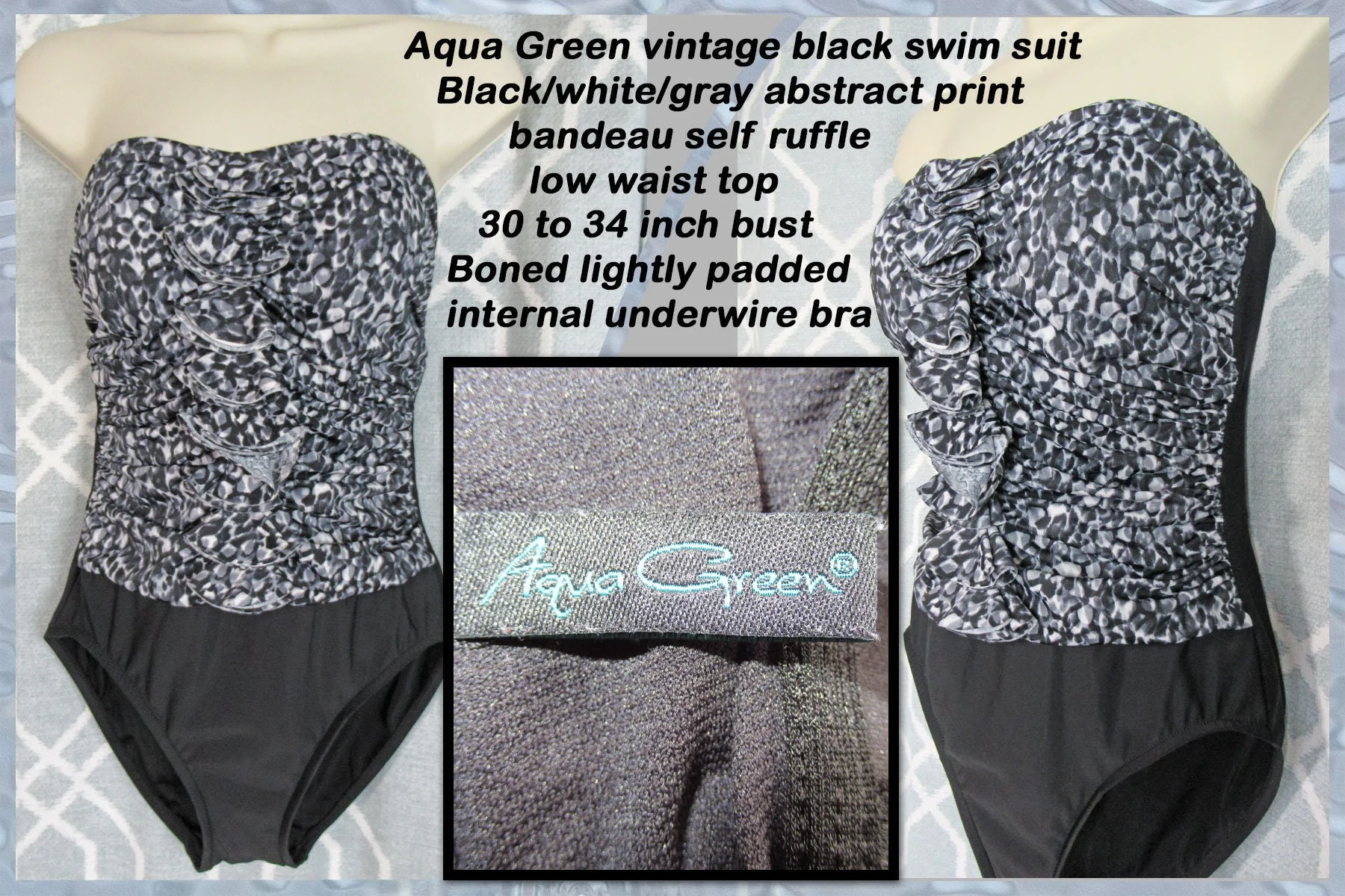 Aqua Green S/m Swim Suit Bandeau Stretch Fit, Self Ruffle 30 - 34 Bust, Shirred Sides, Black, Boned Lightly Padded Internal Underwire Bra - Image 2
