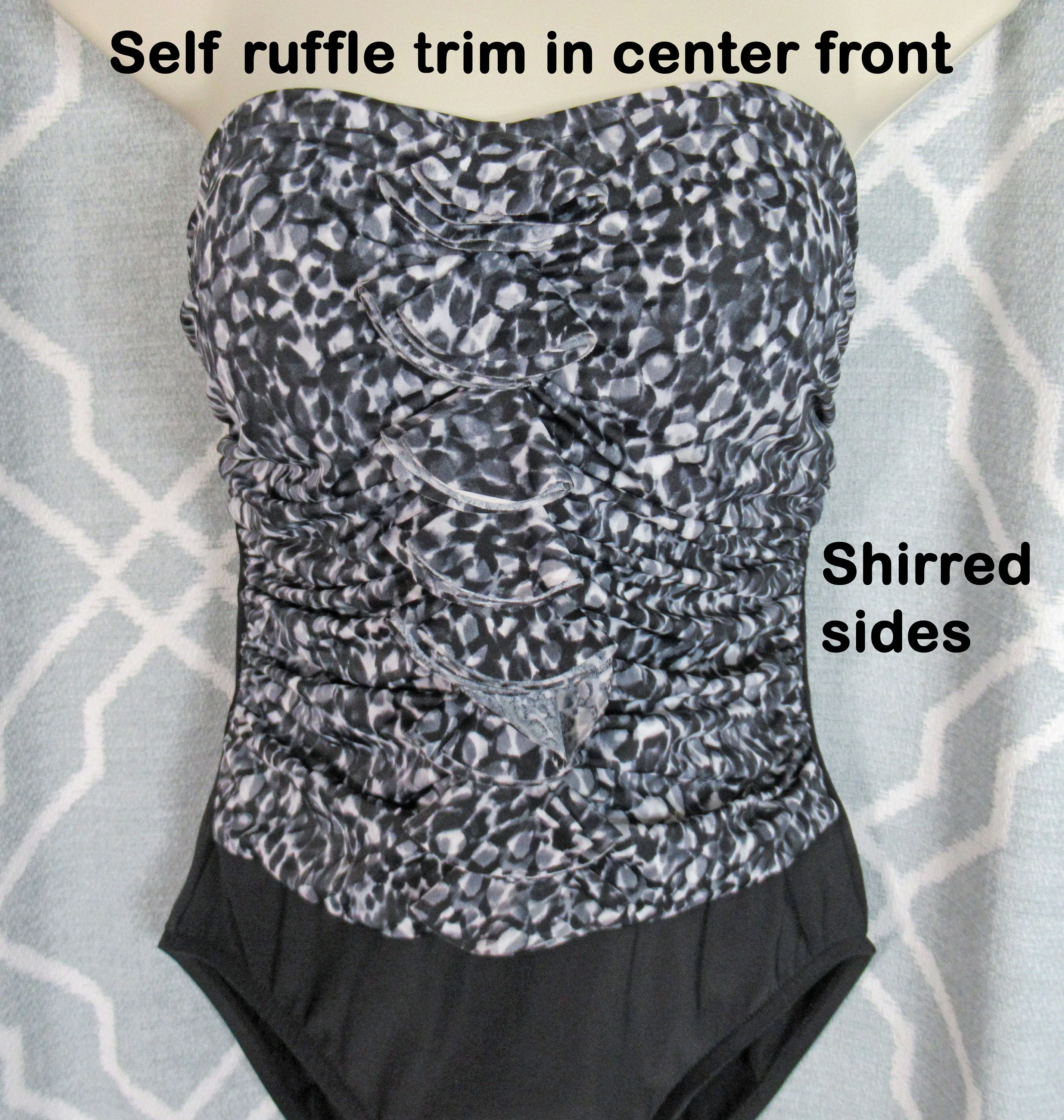 Aqua Green S/m Swim Suit Bandeau Stretch Fit, Self Ruffle 30 - 34 Bust, Shirred Sides, Black, Boned Lightly Padded Internal Underwire Bra - Image 3