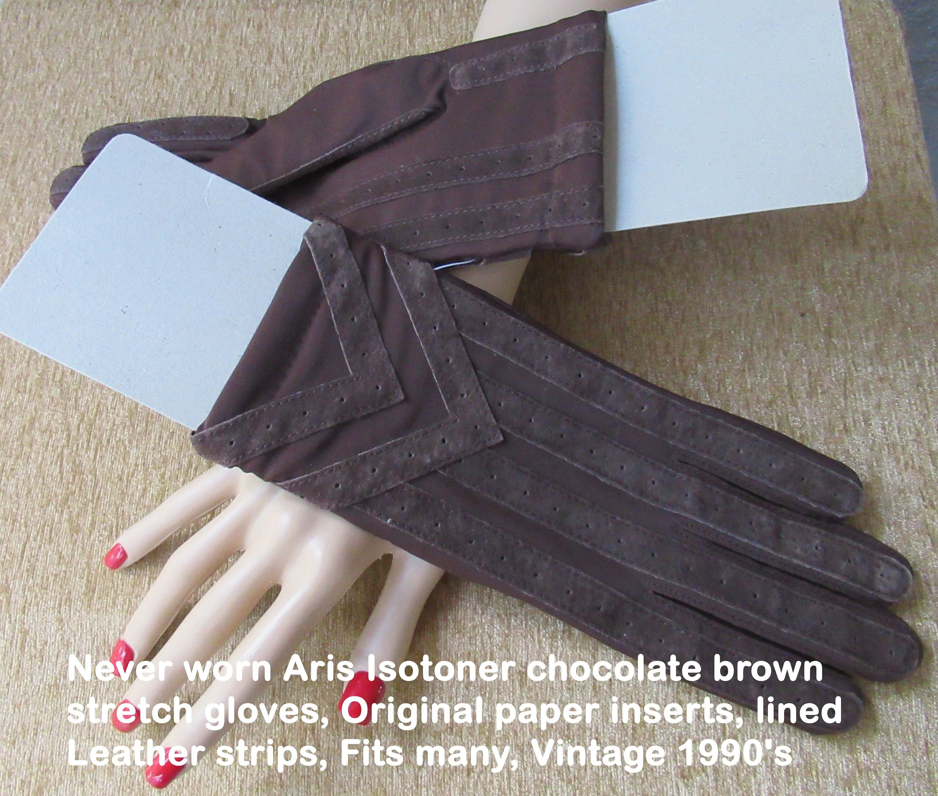 Aris Isotoner Stretch Gloves Chocolate Brown Original Paper Insert Leather Strips One Fits Many Label Ml Vintage 90s by Aris Isotoner - Image 4