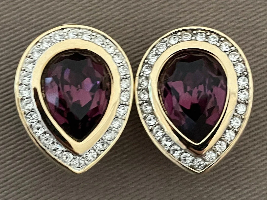 Art Deco Amethyst Teardrop Clip On Statement Signed Earrings by Swarovski - Image 2