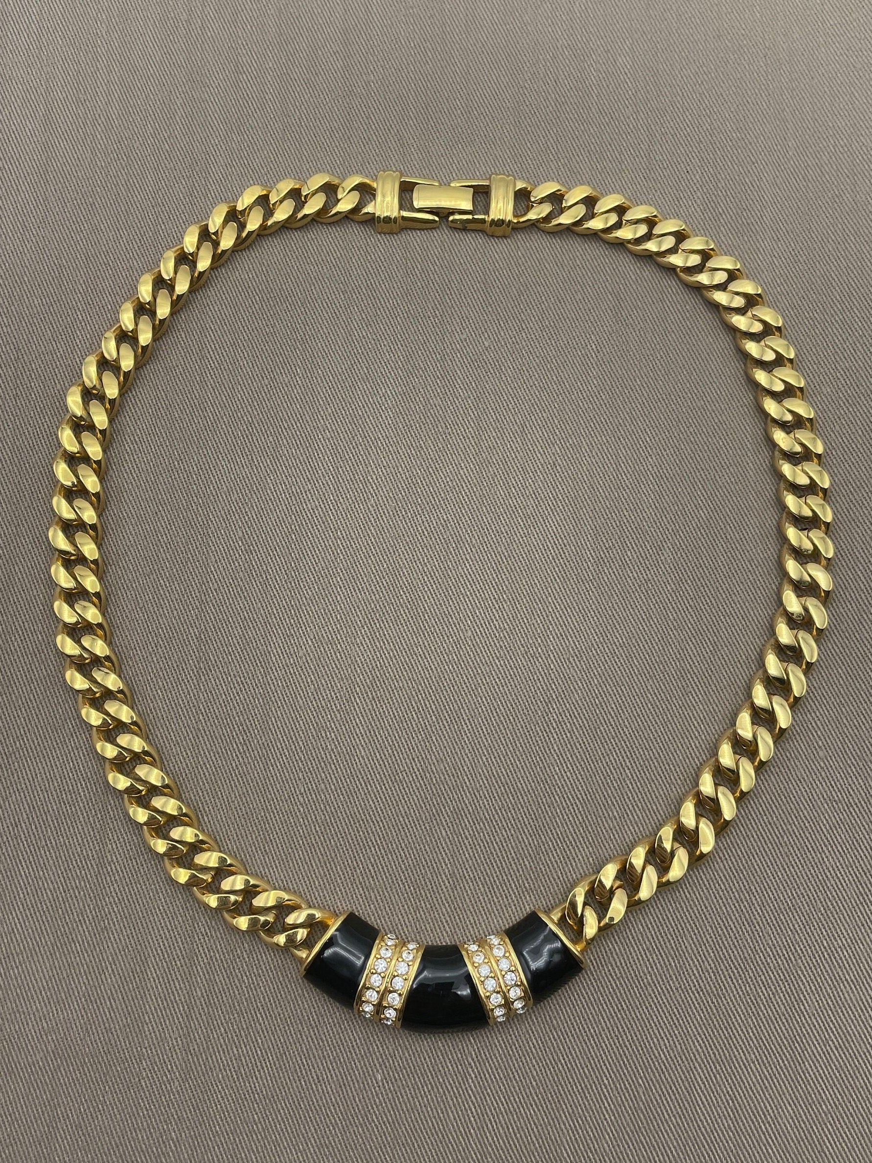 Art Deco Black Enamel and Clear Crystal Cuban Link Vintage Statement Choker Necklace by SAL - Image 4