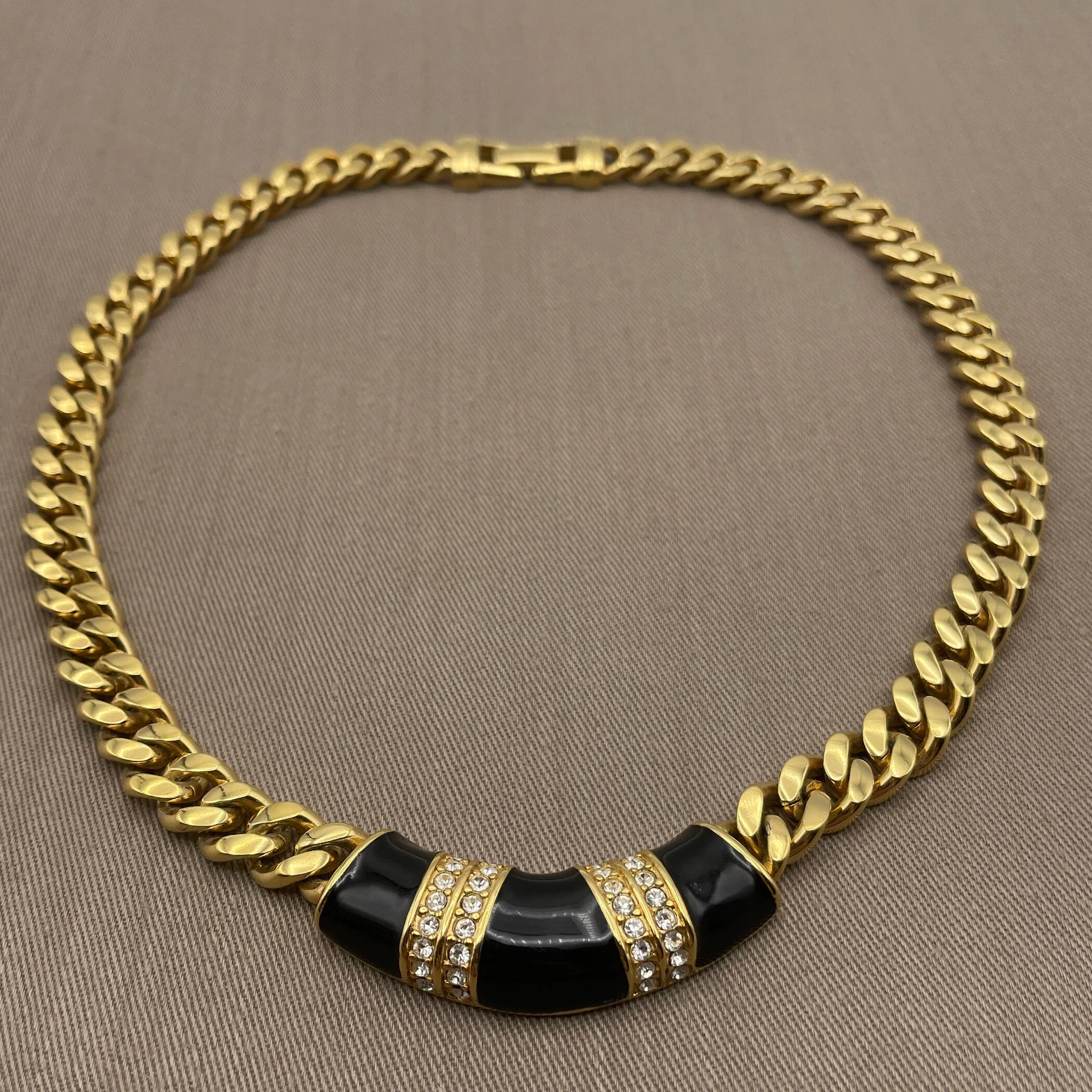 Art Deco Black Enamel and Clear Crystal Cuban Link Vintage Statement Choker Necklace by SAL - Image 5