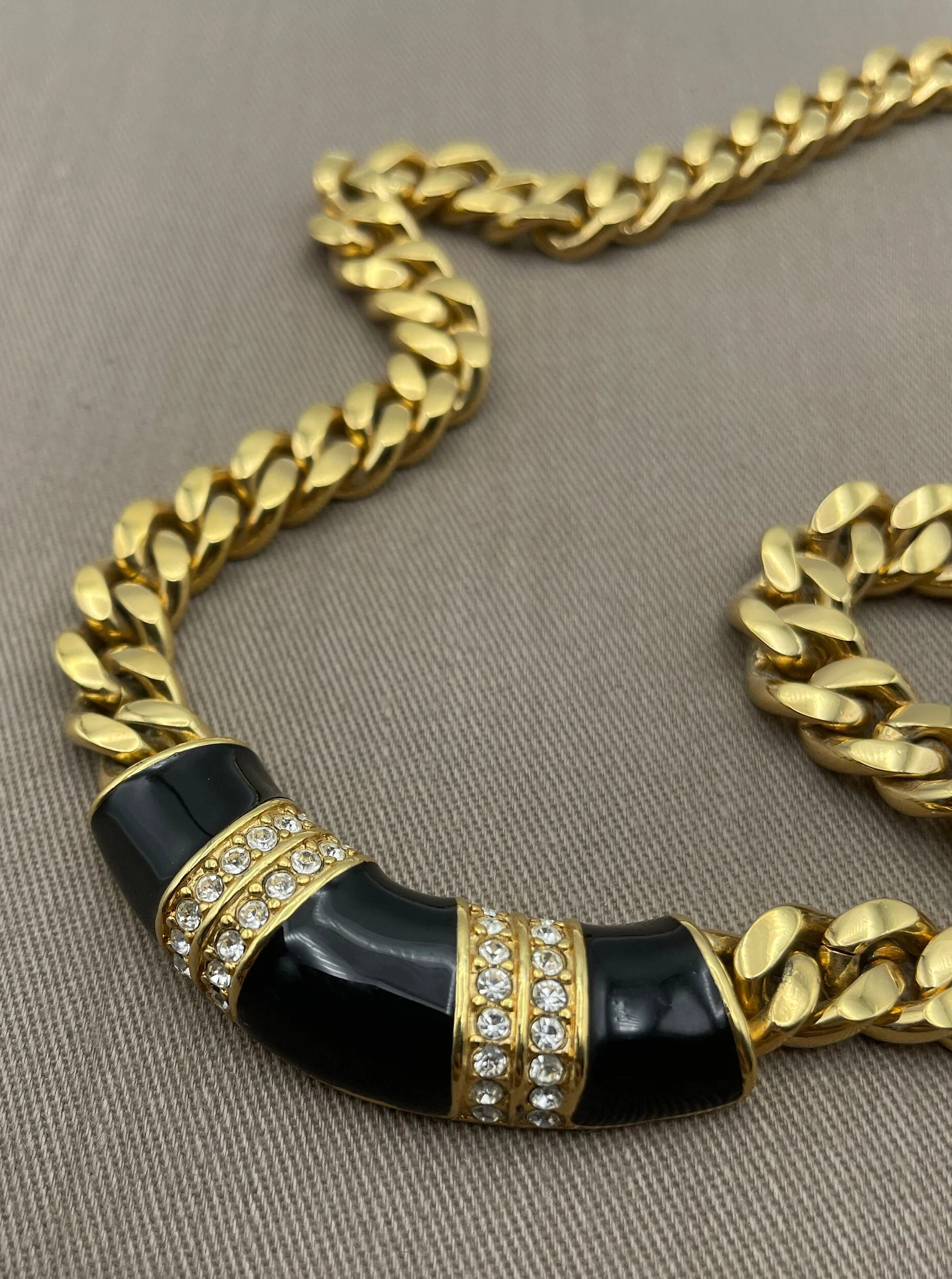 Art Deco Black Enamel and Clear Crystal Cuban Link Vintage Statement Choker Necklace by SAL - Image 6