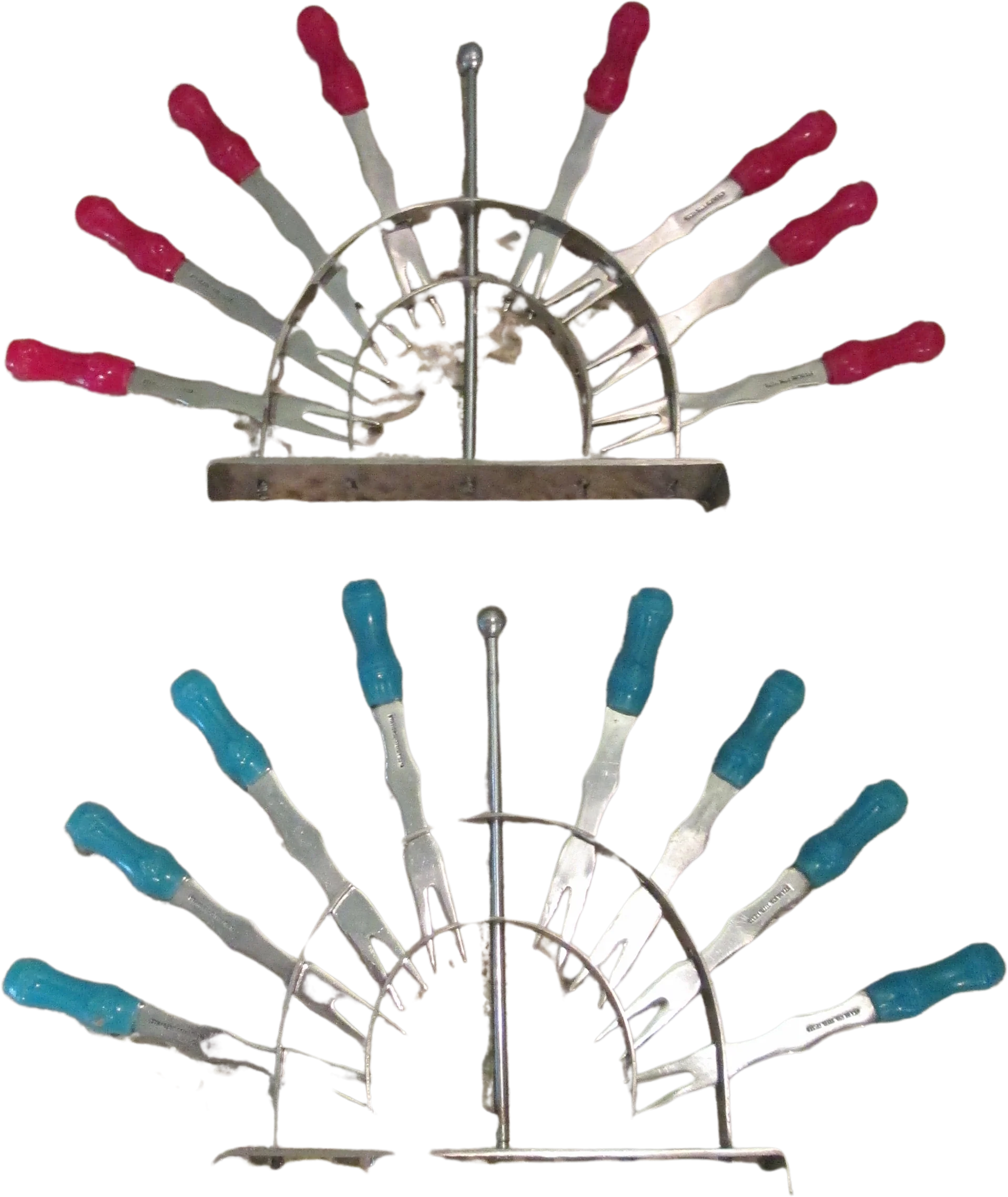 Art Deco Rare Cocktail Forks 8 Chrome Stand Turquoise Red