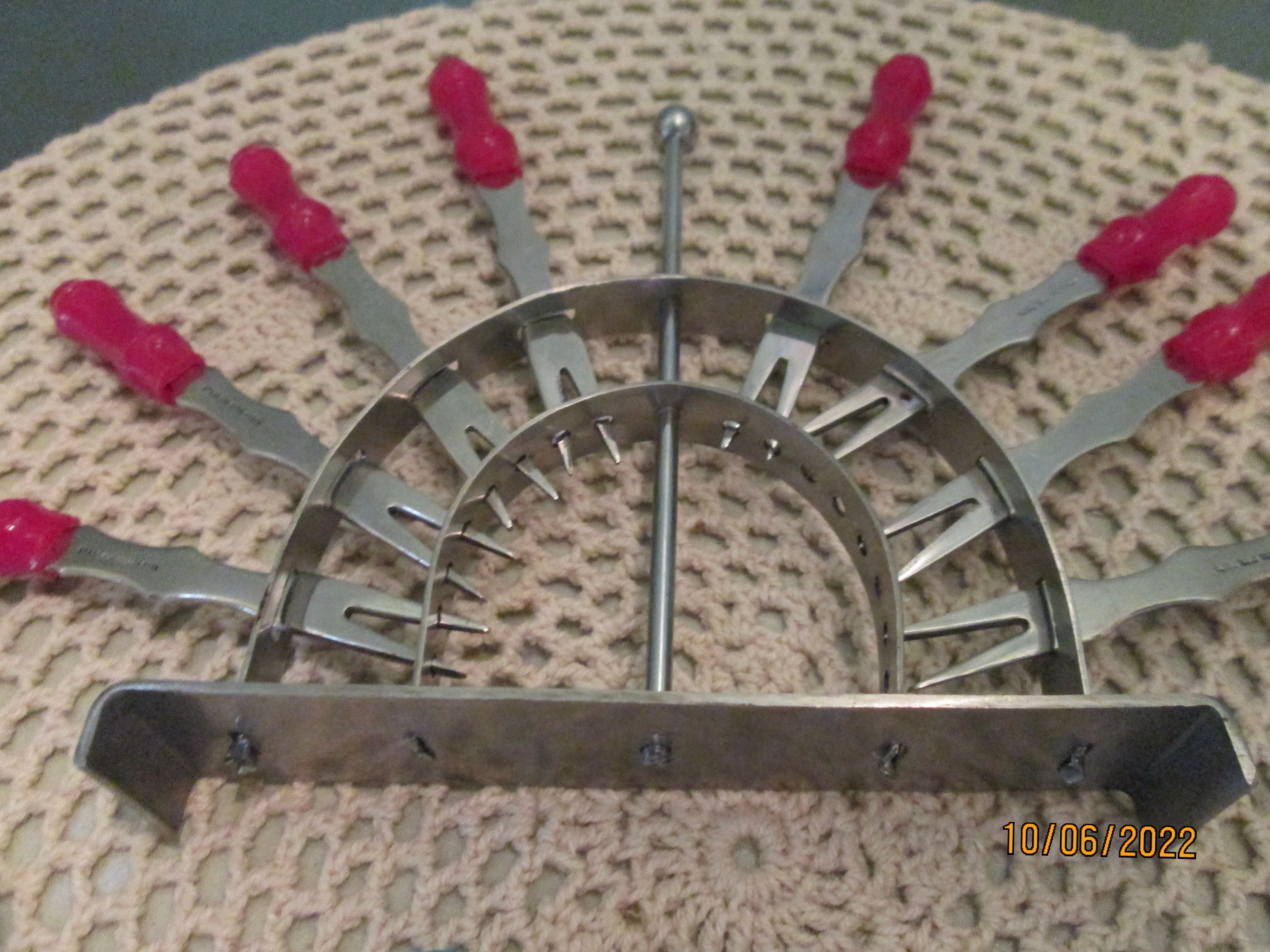 Art Deco Rare Cocktail Forks 8 Chrome Stand Turquoise Red - Image 2
