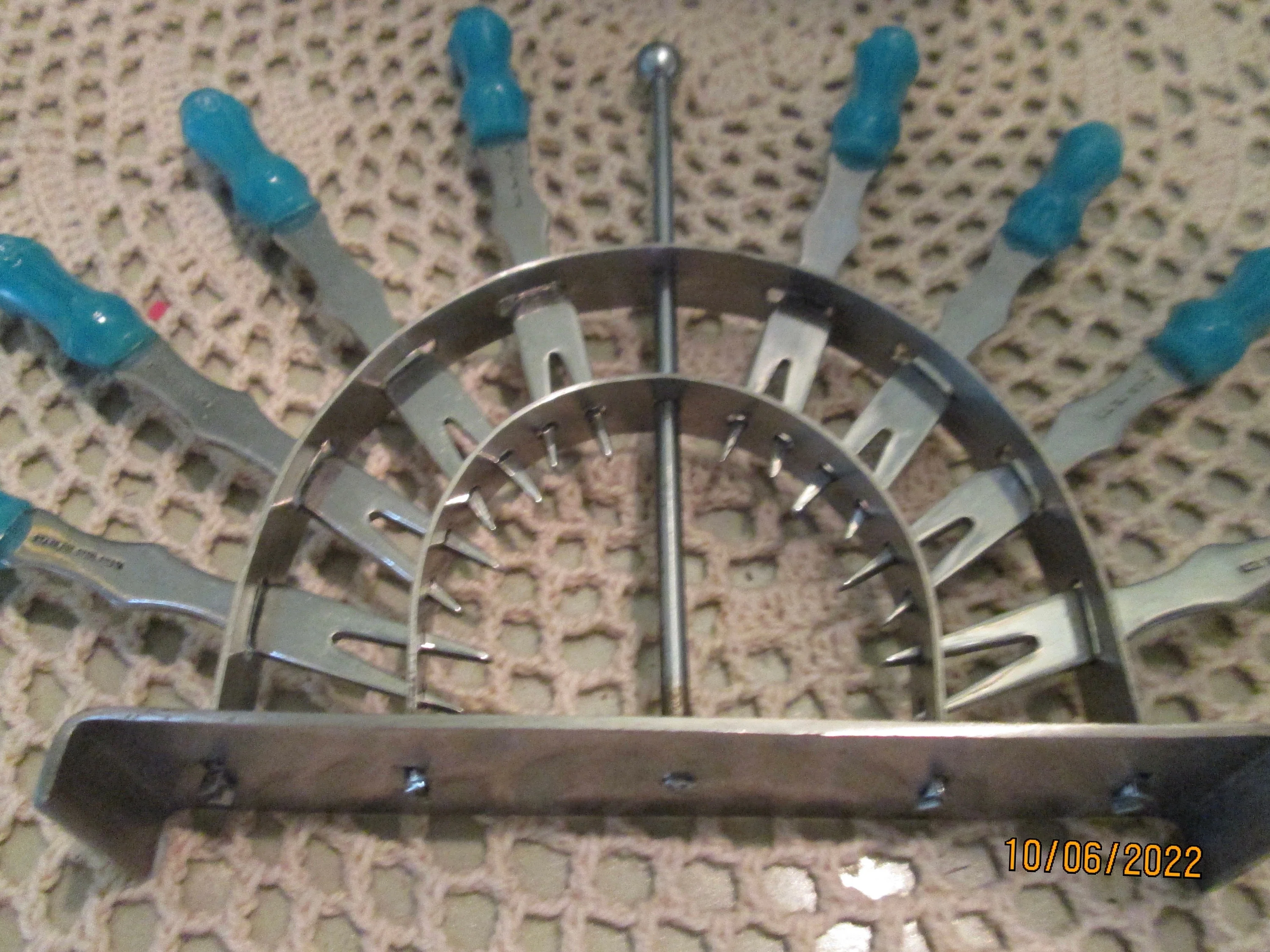 Art Deco Rare Cocktail Forks 8 Chrome Stand Turquoise Red - Image 3