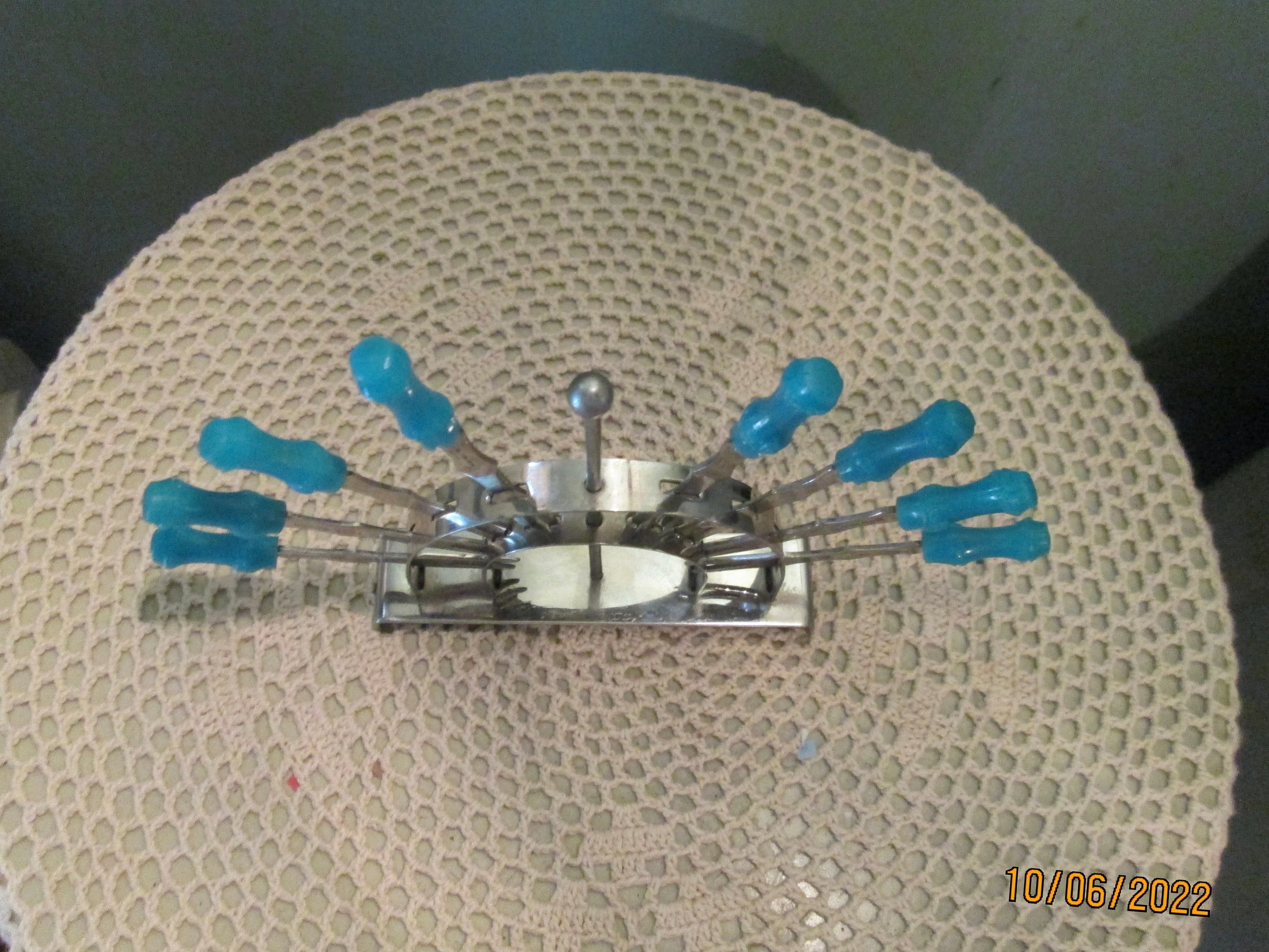 Art Deco Rare Cocktail Forks 8 Chrome Stand Turquoise Red - Image 6