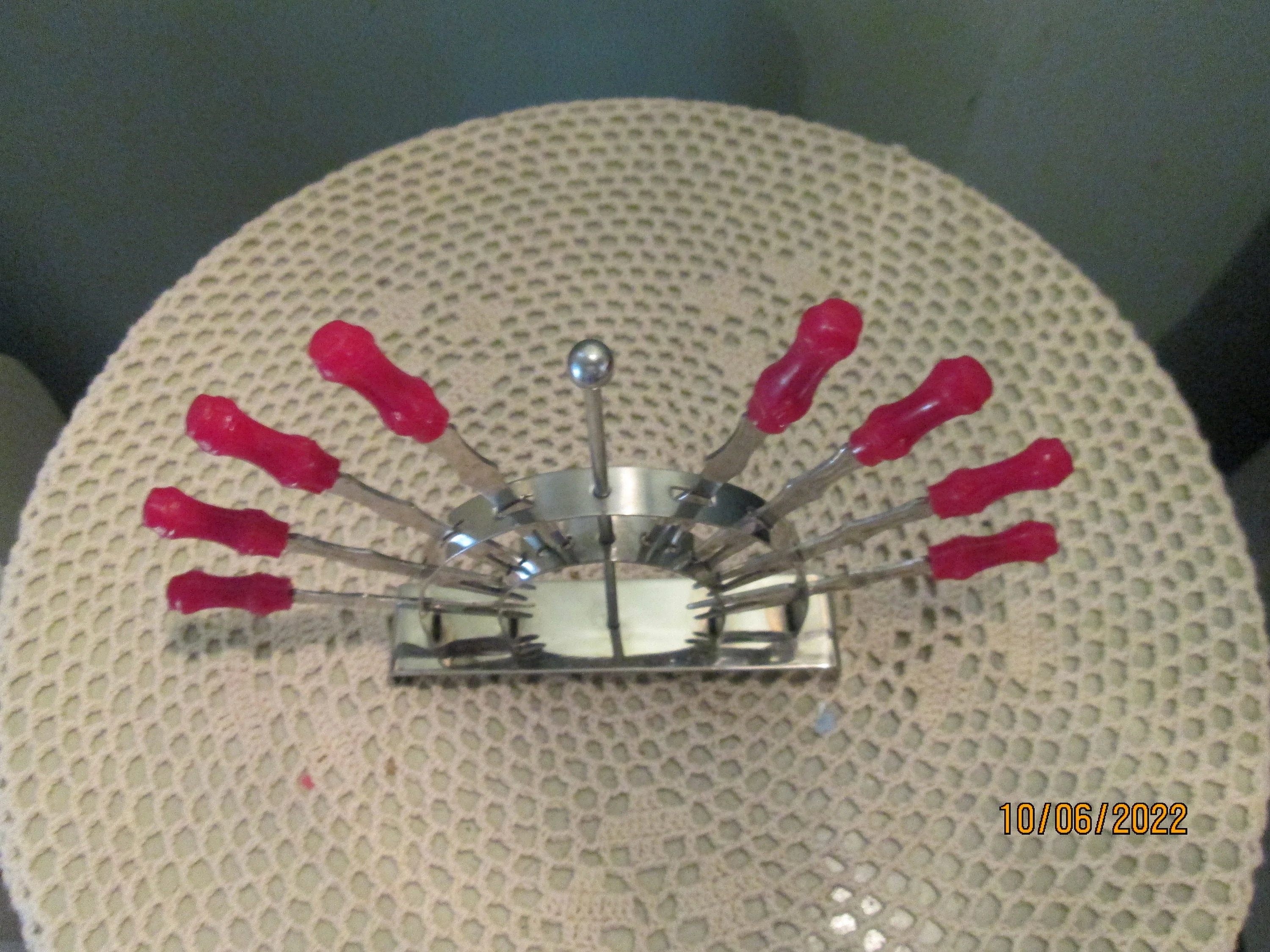 Art Deco Rare Cocktail Forks 8 Chrome Stand Turquoise Red - Image 7