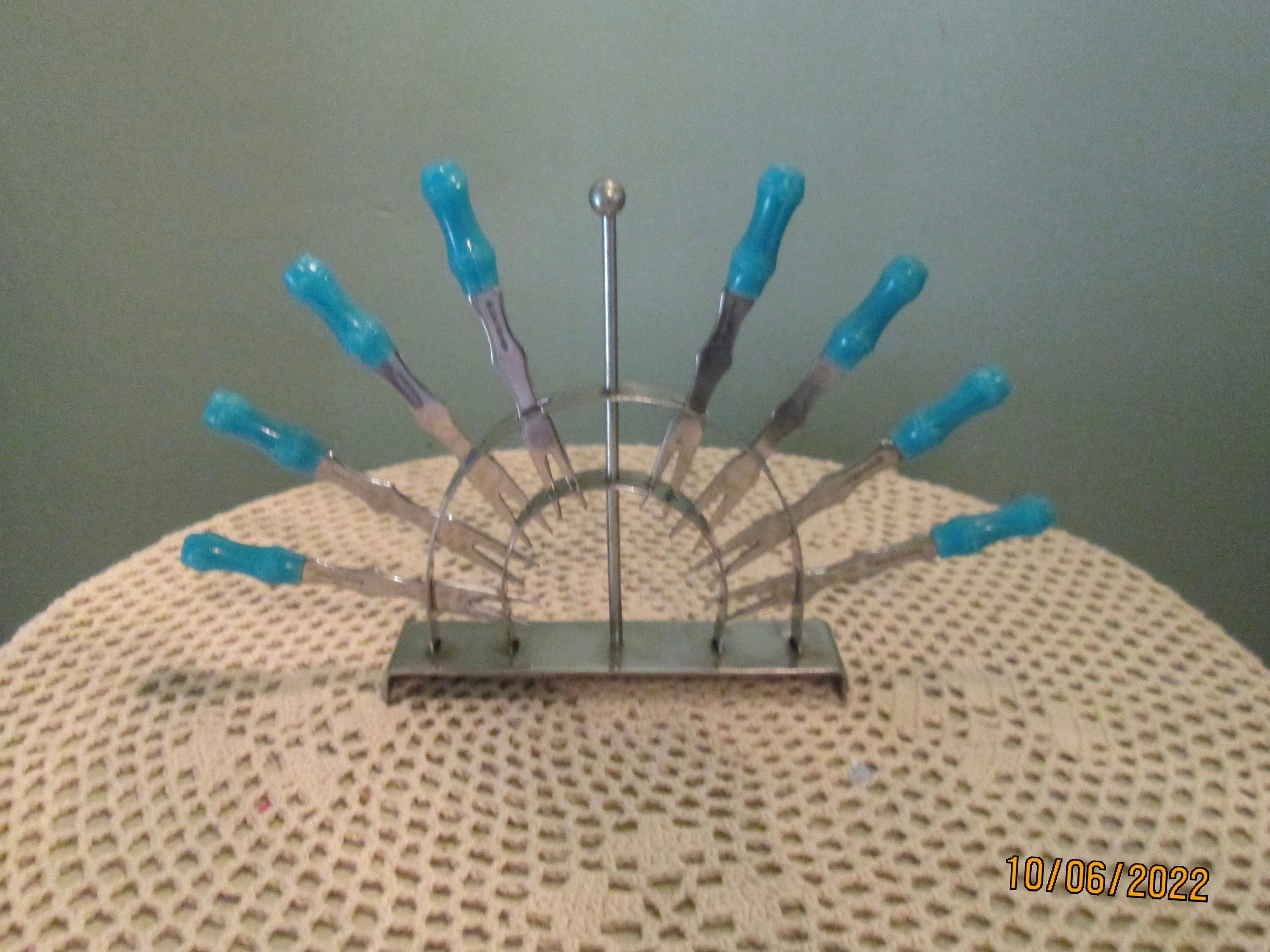 Art Deco Rare Cocktail Forks 8 Chrome Stand Turquoise Red - Image 8