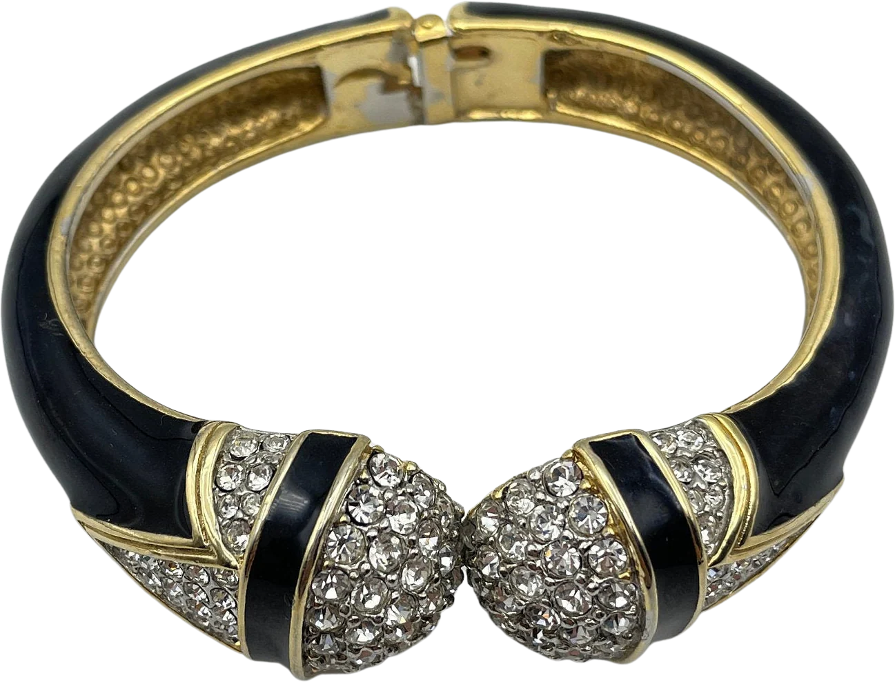 Art Deco Unsigned Black Enamel Rhinestone Clamper Bracelet by Ciner