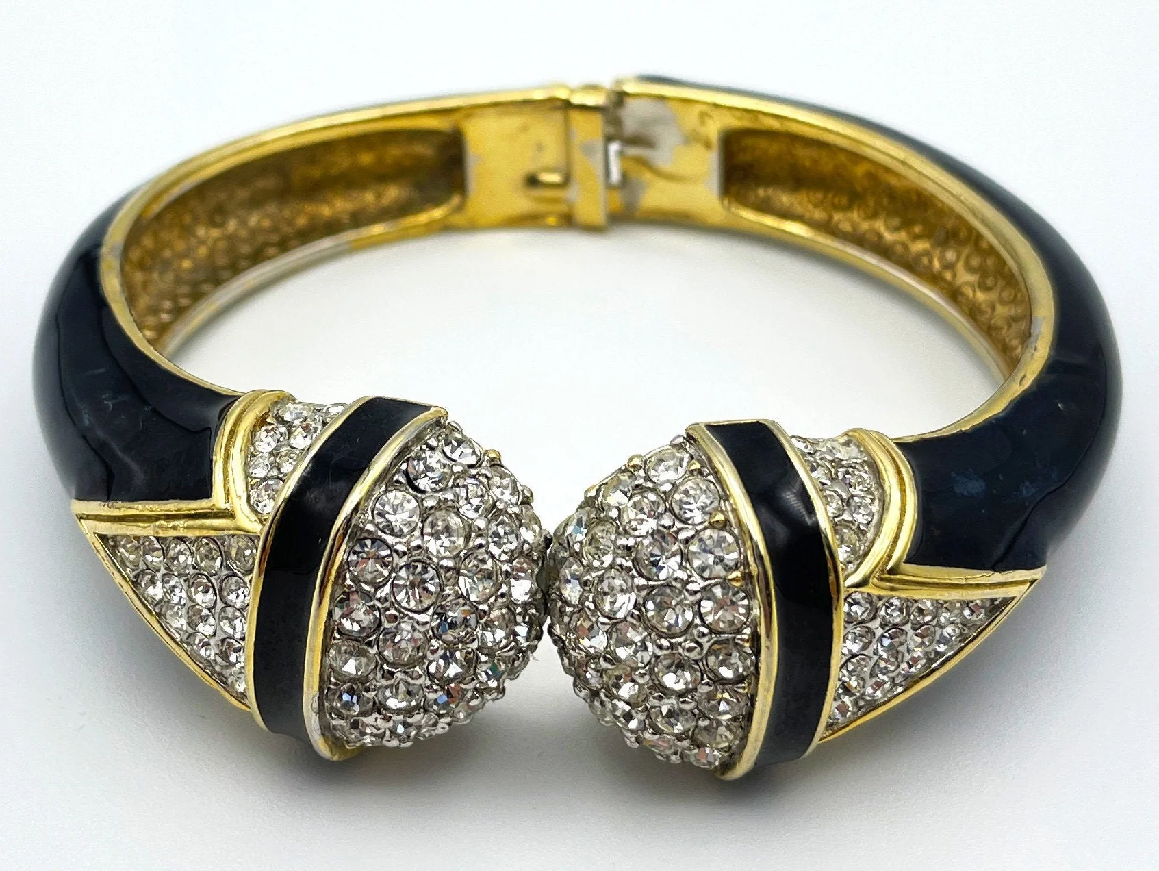 Art Deco Unsigned Black Enamel Rhinestone Clamper Bracelet by Ciner - Image 2
