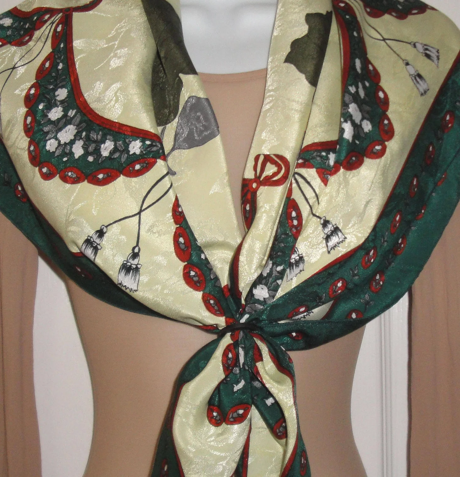 Ashear Square Scarf 34 X 33 Inch Made In Korea, Lush Thicker Fabric, Cream, Green, Red, Gray, a Statement Scarf! Bonus Scarf Donuts, Vtg - Image 10