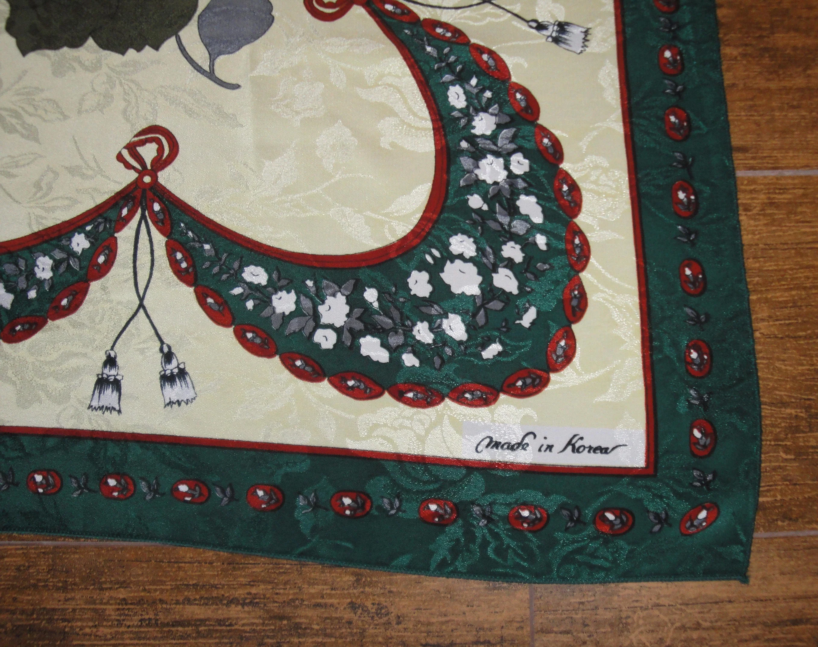 Ashear Square Scarf 34 X 33 Inch Made In Korea, Lush Thicker Fabric, Cream, Green, Red, Gray, a Statement Scarf! Bonus Scarf Donuts, Vtg - Image 2