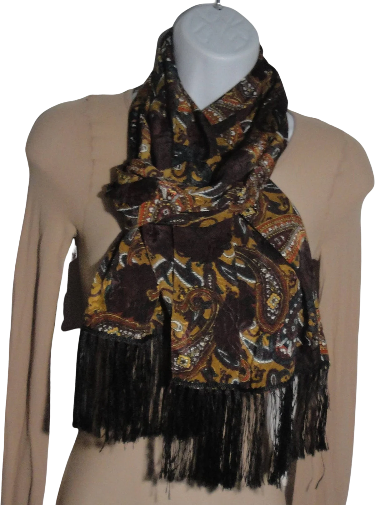 Axcess 62 by 15 Inch Scarf Tuxedo Style Oblong with 4 Inches Black Fringe Each End Paisley with Floral Pattern On Pattern Made In Italy Vtg