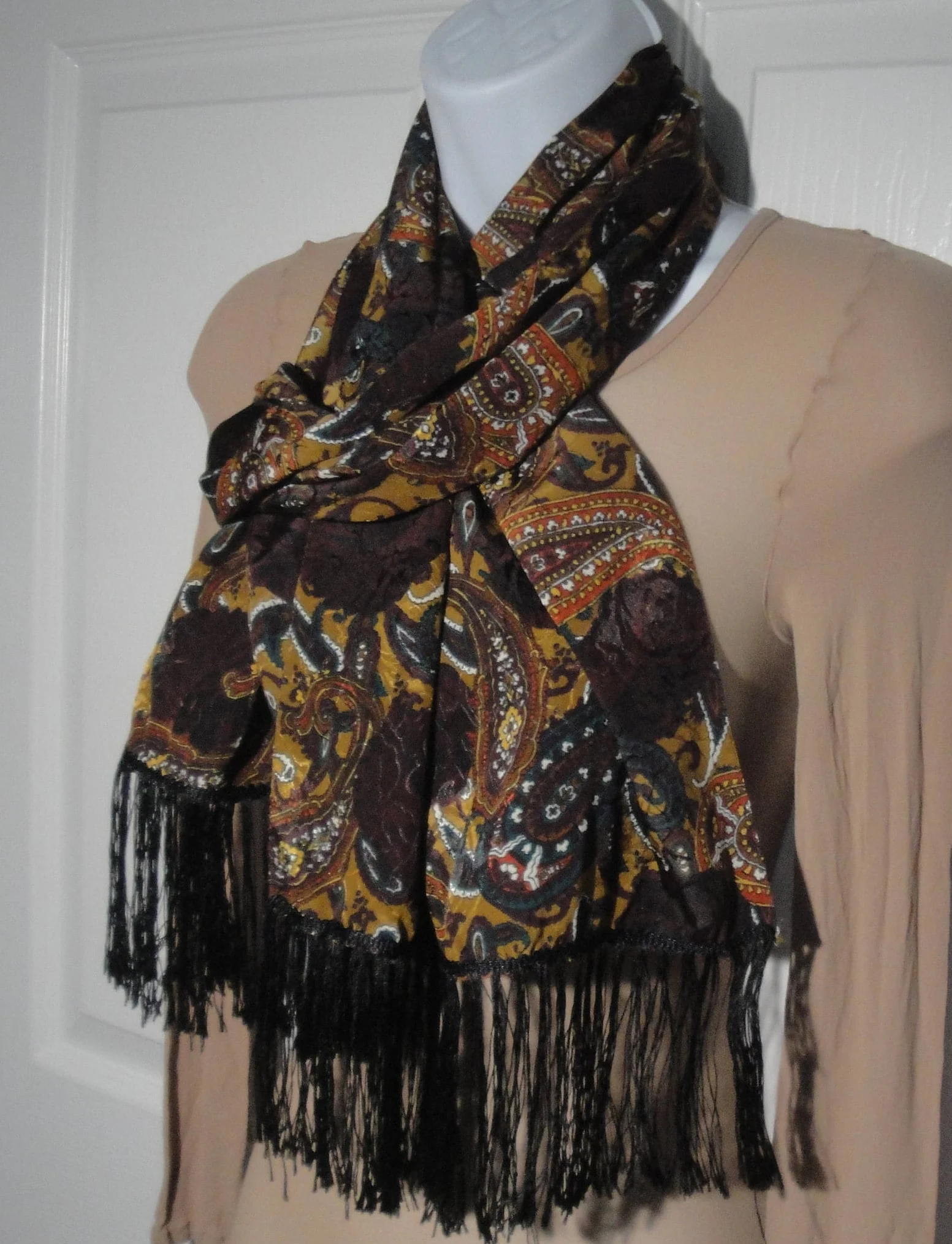 Axcess 62 by 15 Inch Scarf Tuxedo Style Oblong with 4 Inches Black Fringe Each End Paisley with Floral Pattern On Pattern Made In Italy Vtg - Image 6