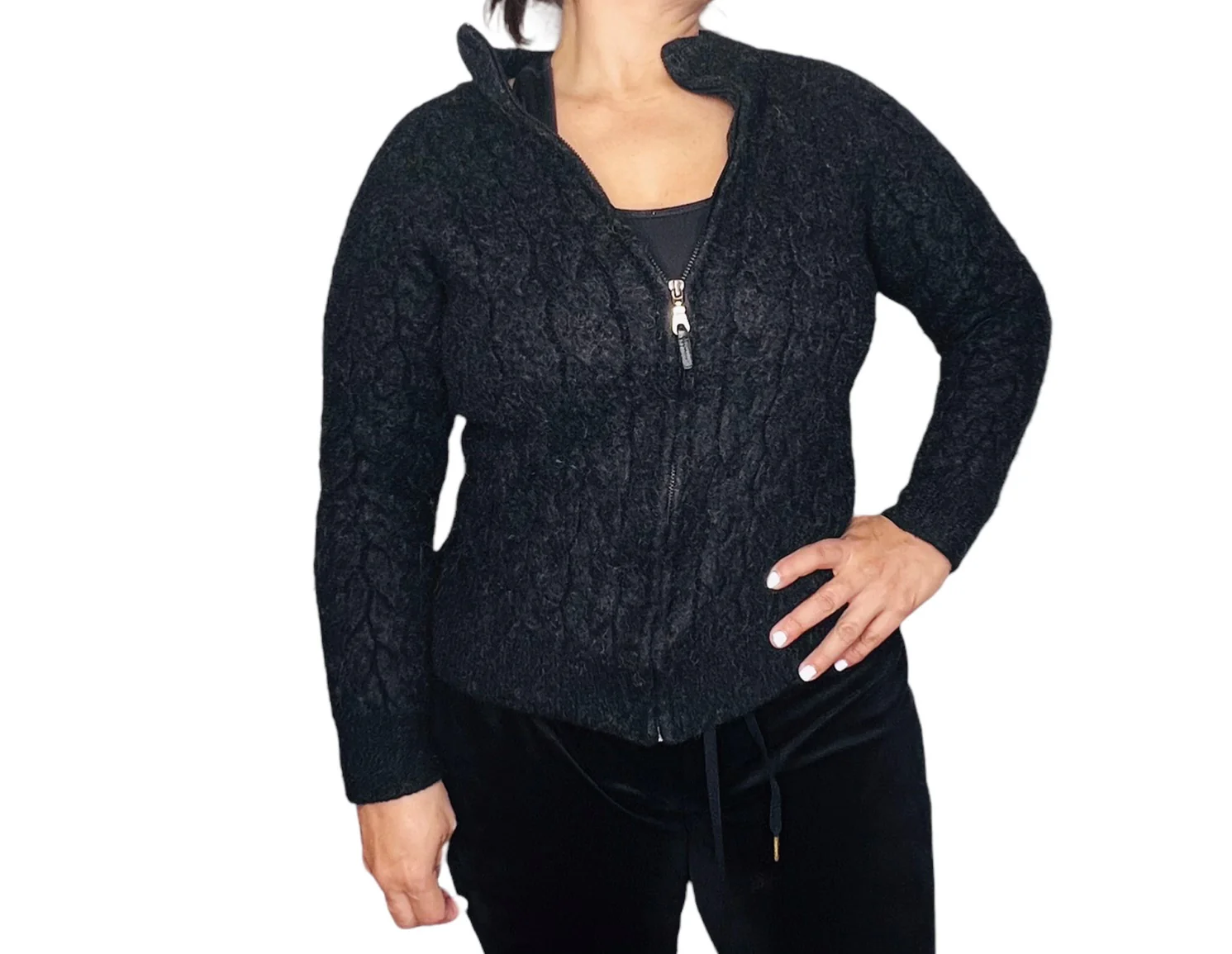 Baby Alpaca Womens Zip Up Cardigan Made In Peru Gray Chunky Knit Sz M by Blake - Image 7