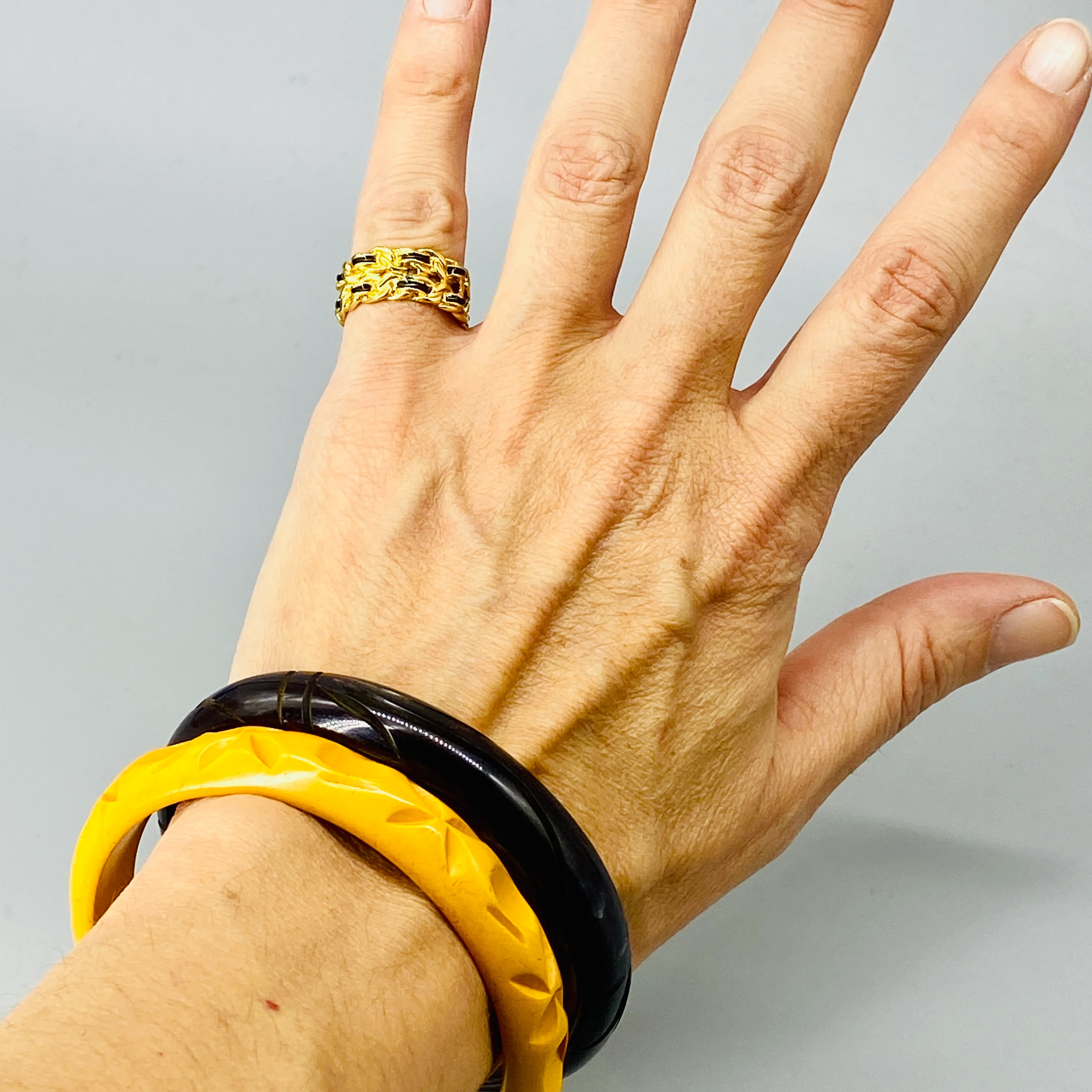 Bakelite Bangle Pair In Bumblebee Yellow And Black - Image 6