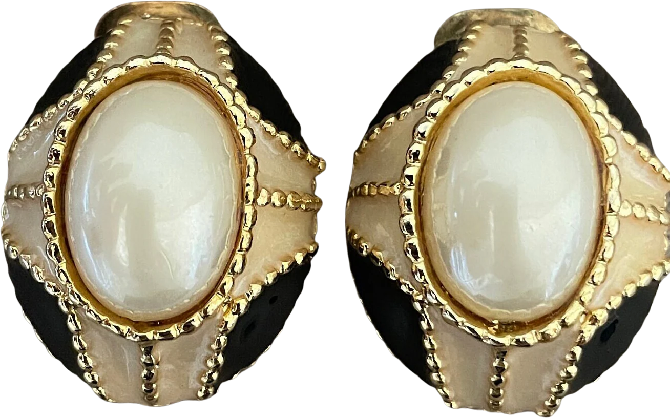 Baroque Faux Pearl Black and Cream Enamel Clip On Statement Earrings