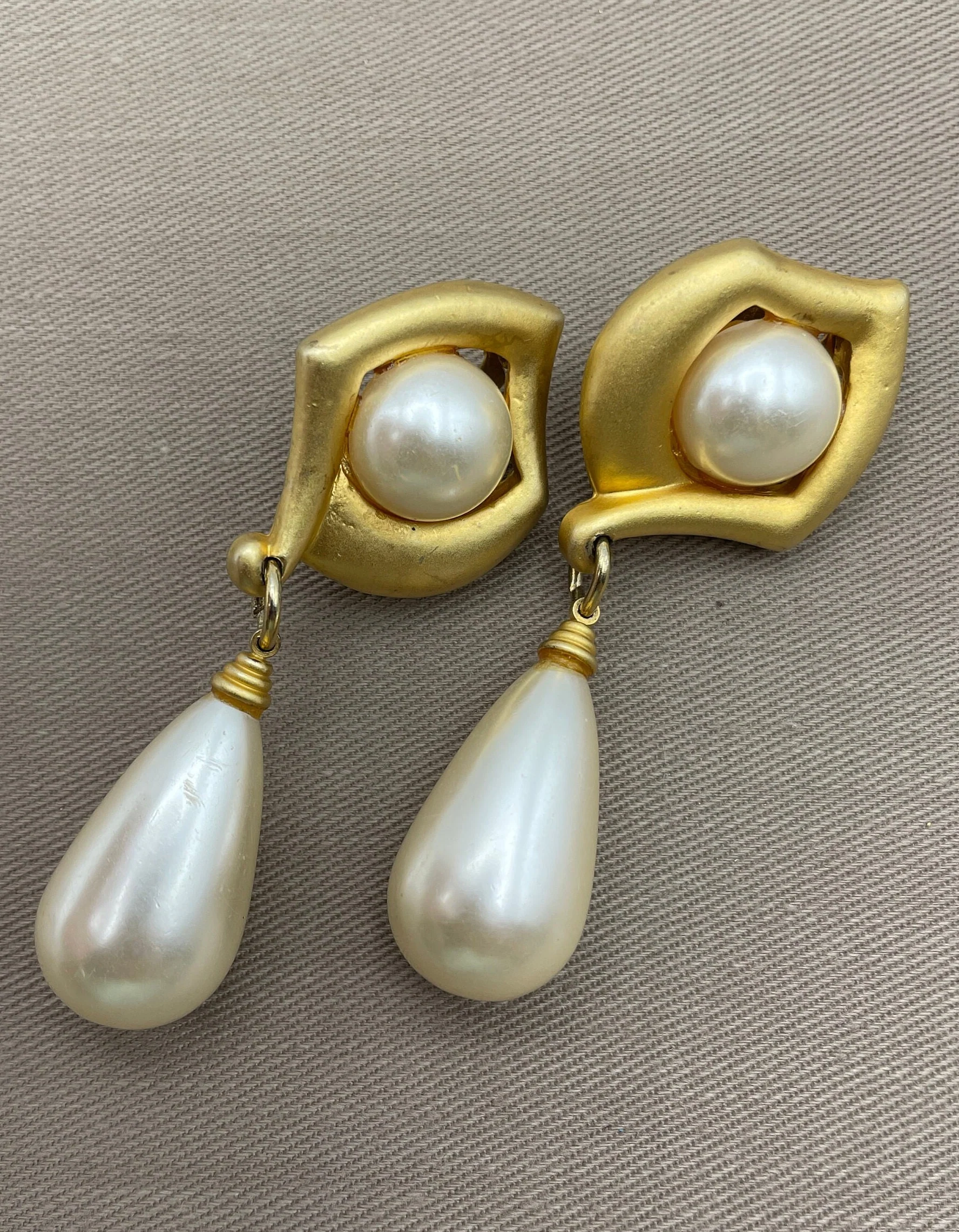 Baroque French Gold Pearl Clip-On Statement Earrings - Image 6