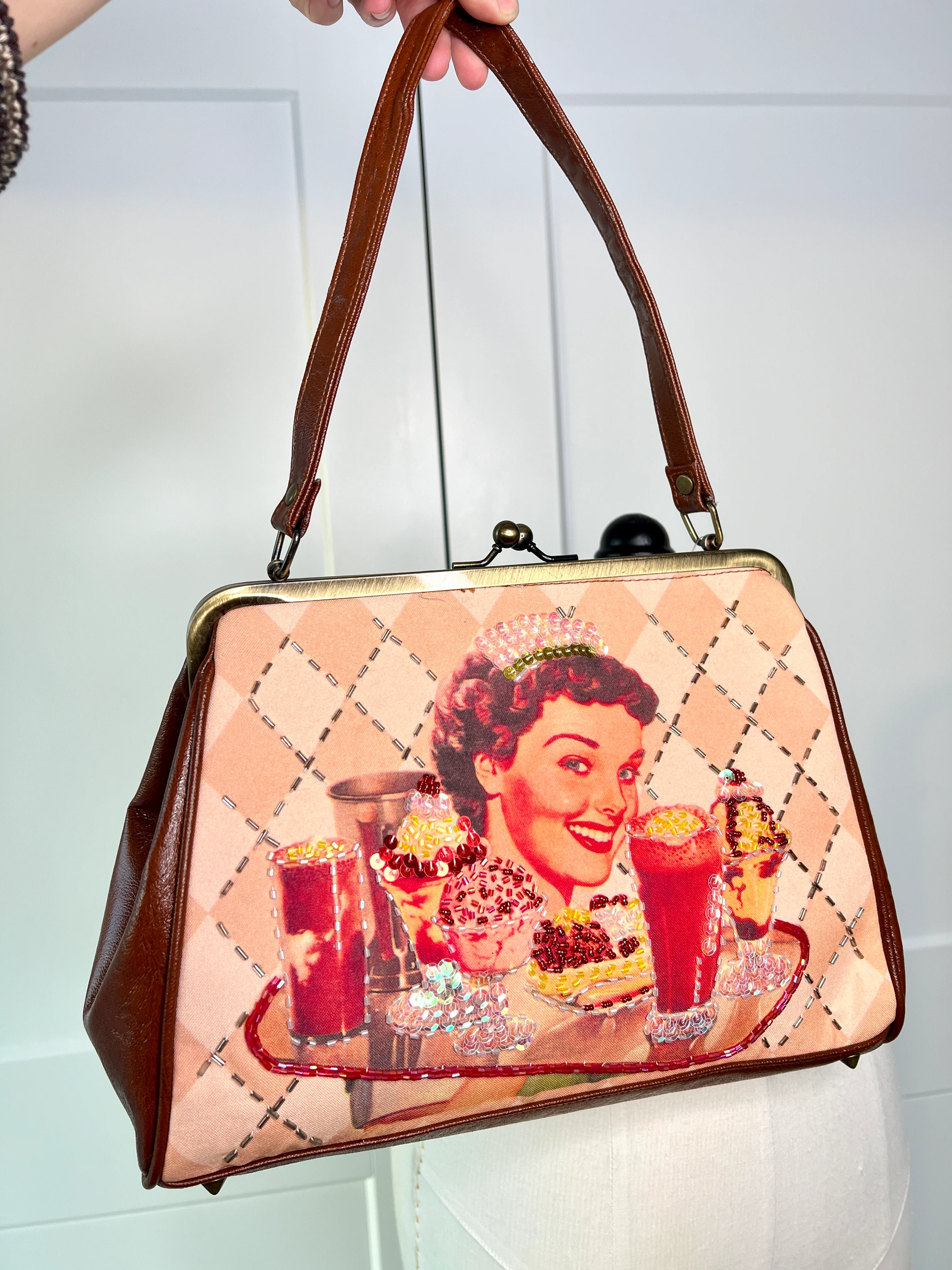 Beaded Argyle Print Diner Server Bag By Far Nine - Image 6