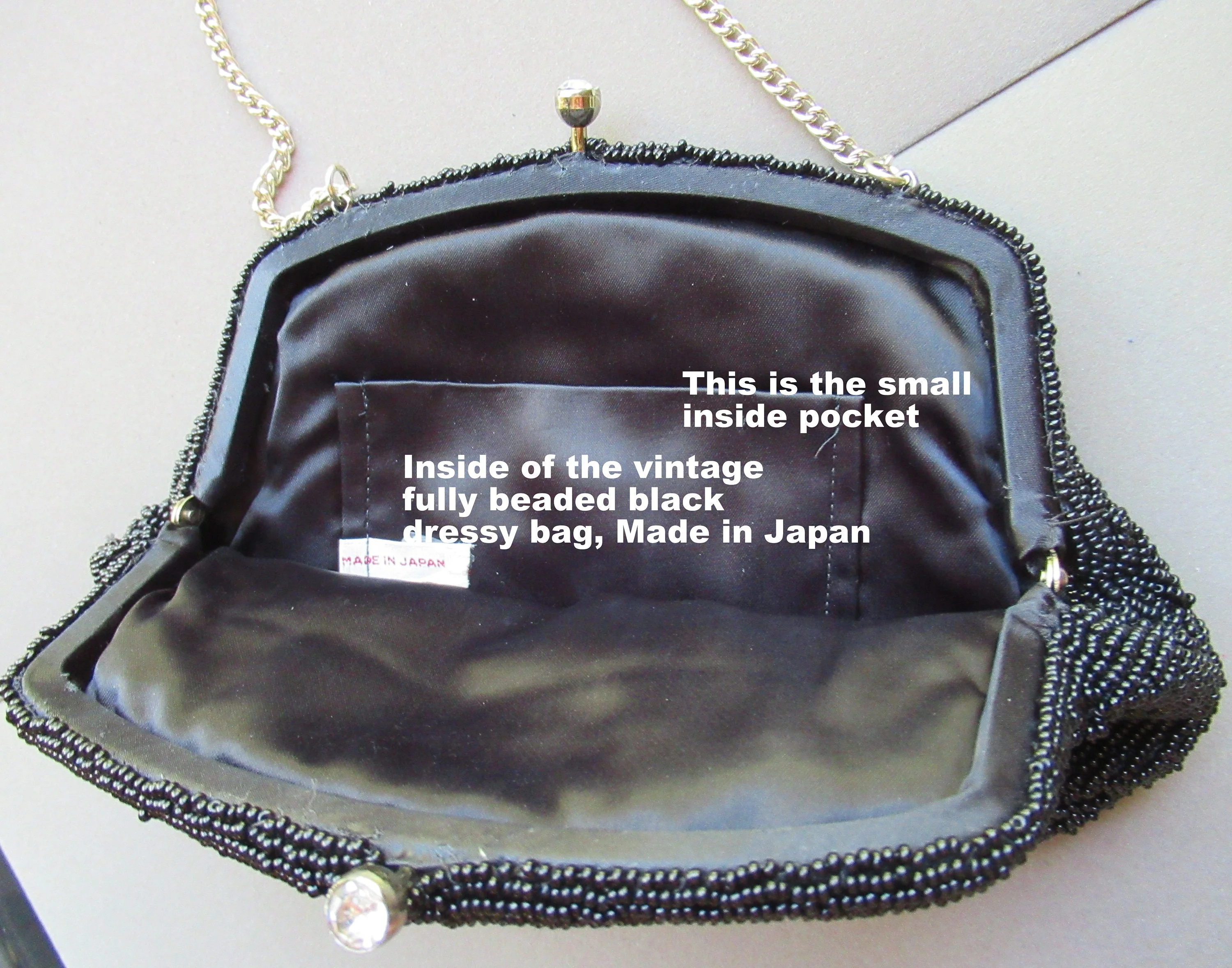 Beaded Black Evening Purse Short Chain Handle Kiss Top Closure W Rhinestone Trim Classic Shape Vintage - Image 2