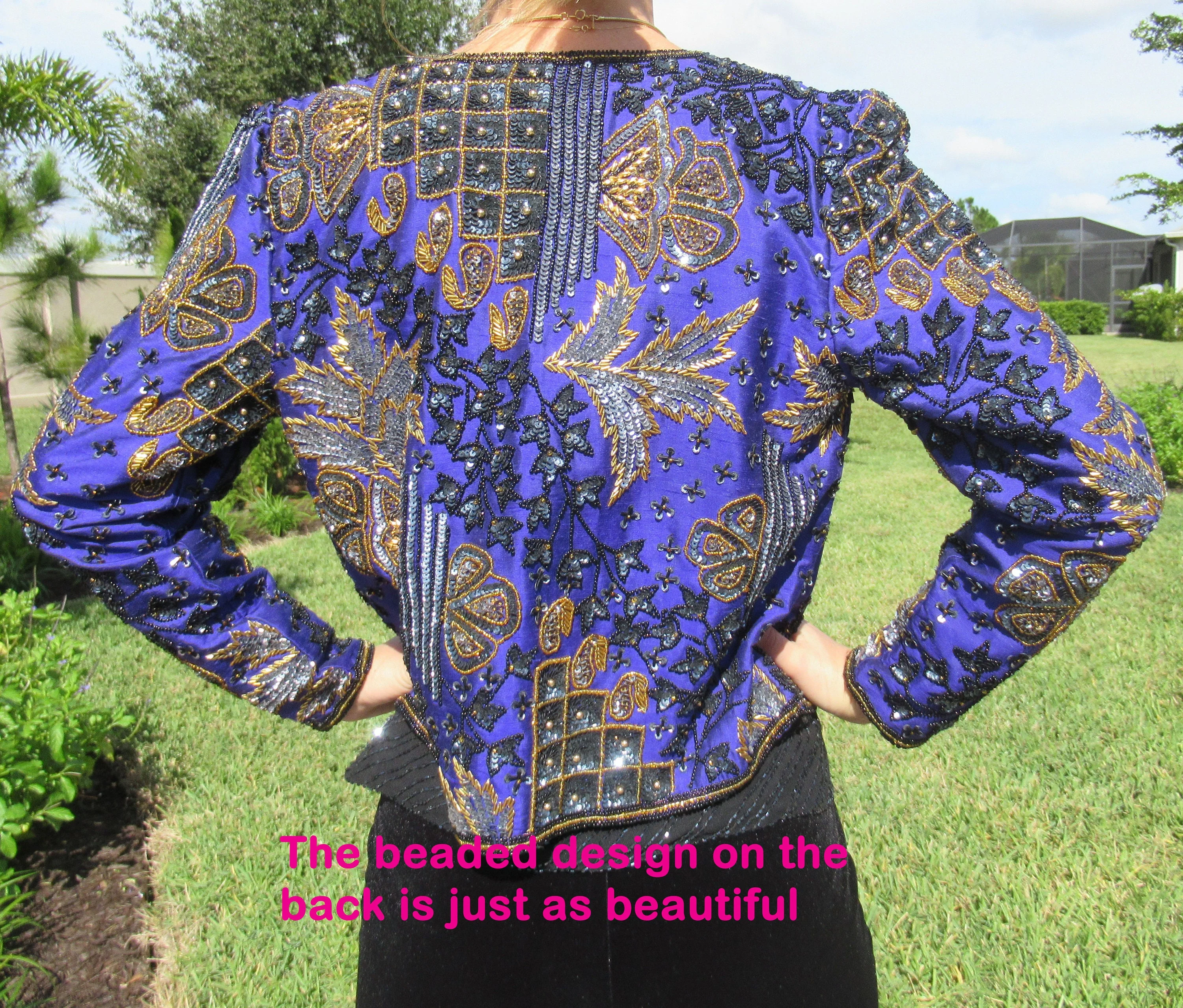 Beaded Blazer Adrianna Papell 80s Length Purple Black Silver Gold Made In India Silk W Purple Polyester Lining by Adrianna Papell - Image 10