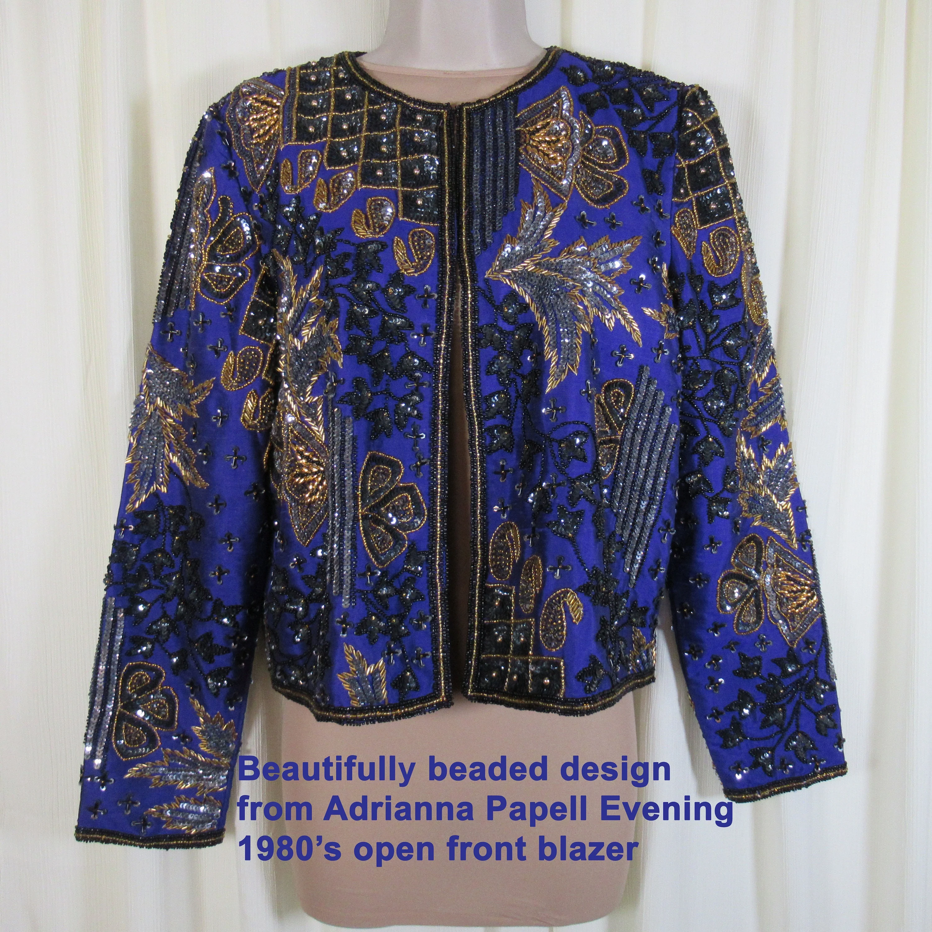 Beaded Blazer Adrianna Papell 80s Length Purple Black Silver Gold Made In India Silk W Purple Polyester Lining by Adrianna Papell - Image 2