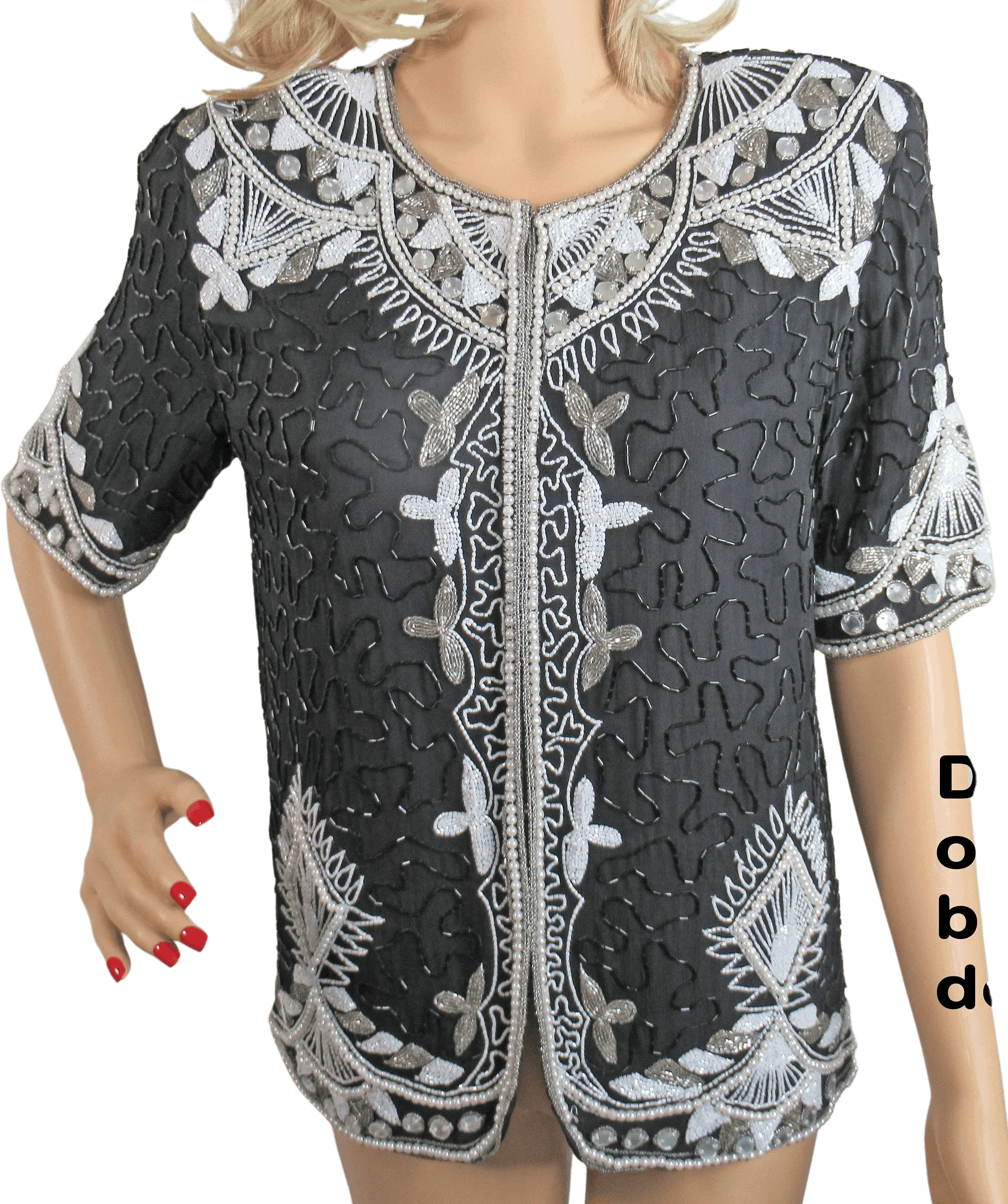 Beaded Blouse Black and White Blouse Blazer 80s Glam Made In India Silk Polyester Lining Sm Front Hooks and Eyes by Stenay