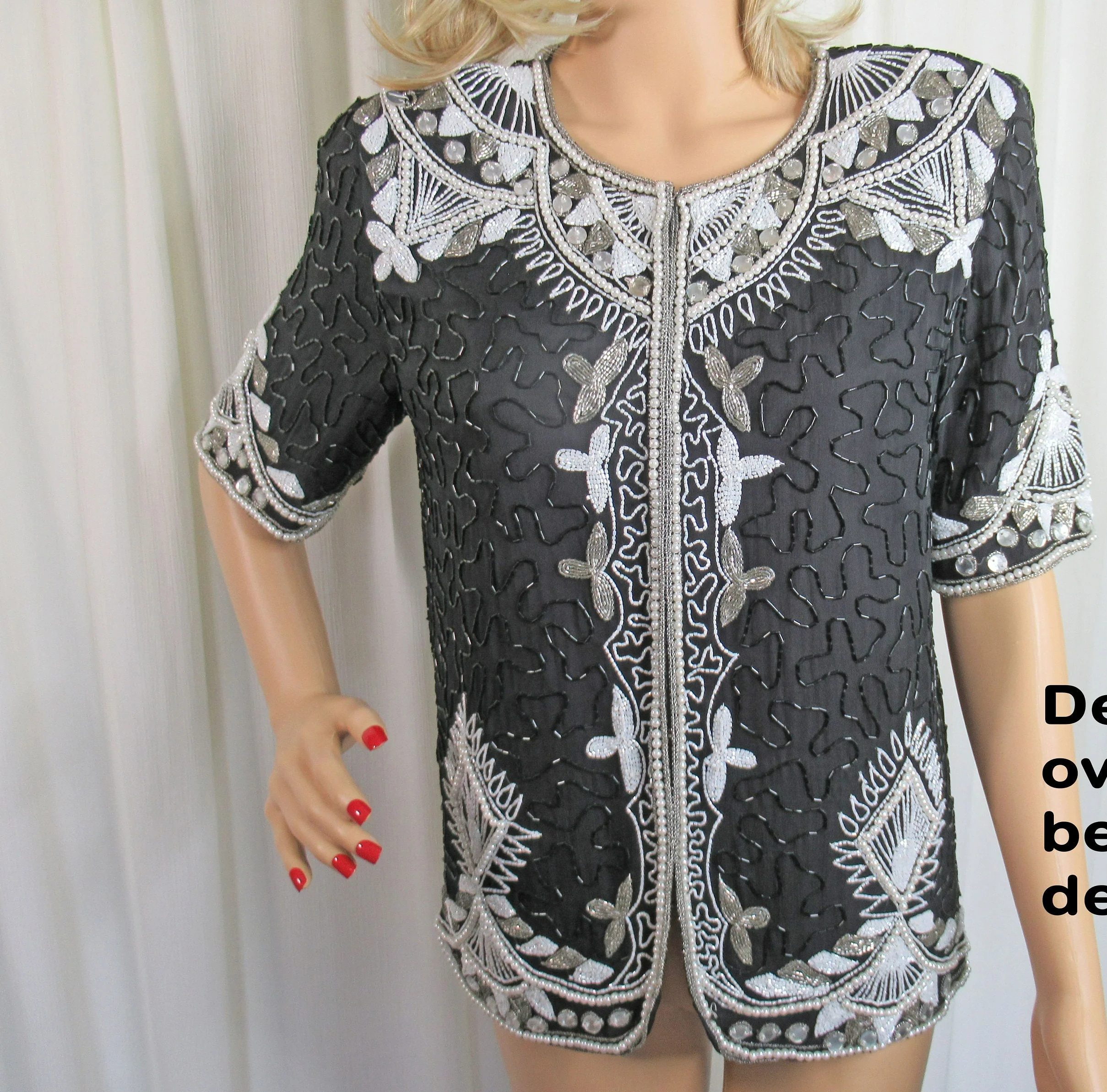 Beaded Blouse Black and White Blouse Blazer 80s Glam Made In India Silk Polyester Lining Sm Front Hooks and Eyes by Stenay - Image 2