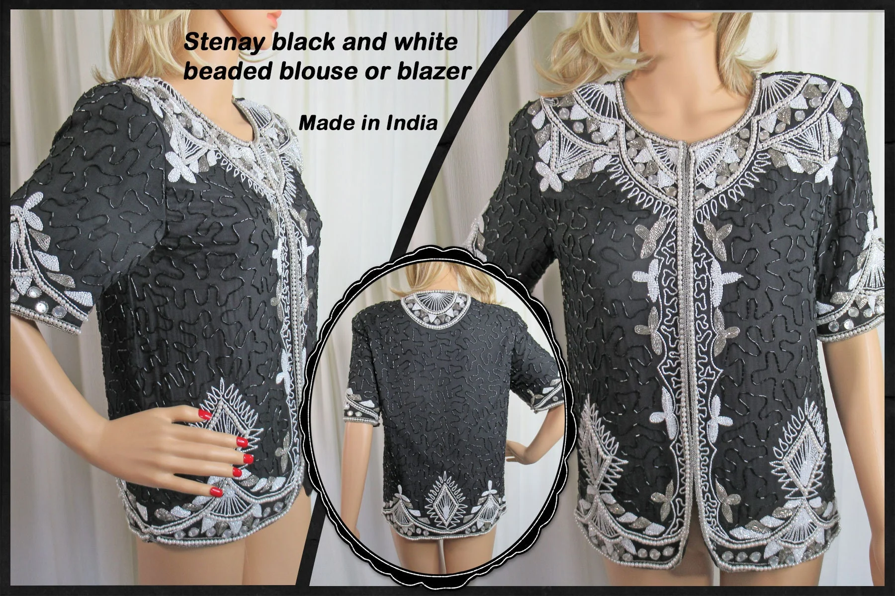 Beaded Blouse Black and White Blouse Blazer 80s Glam Made In India Silk Polyester Lining Sm Front Hooks and Eyes by Stenay - Image 3