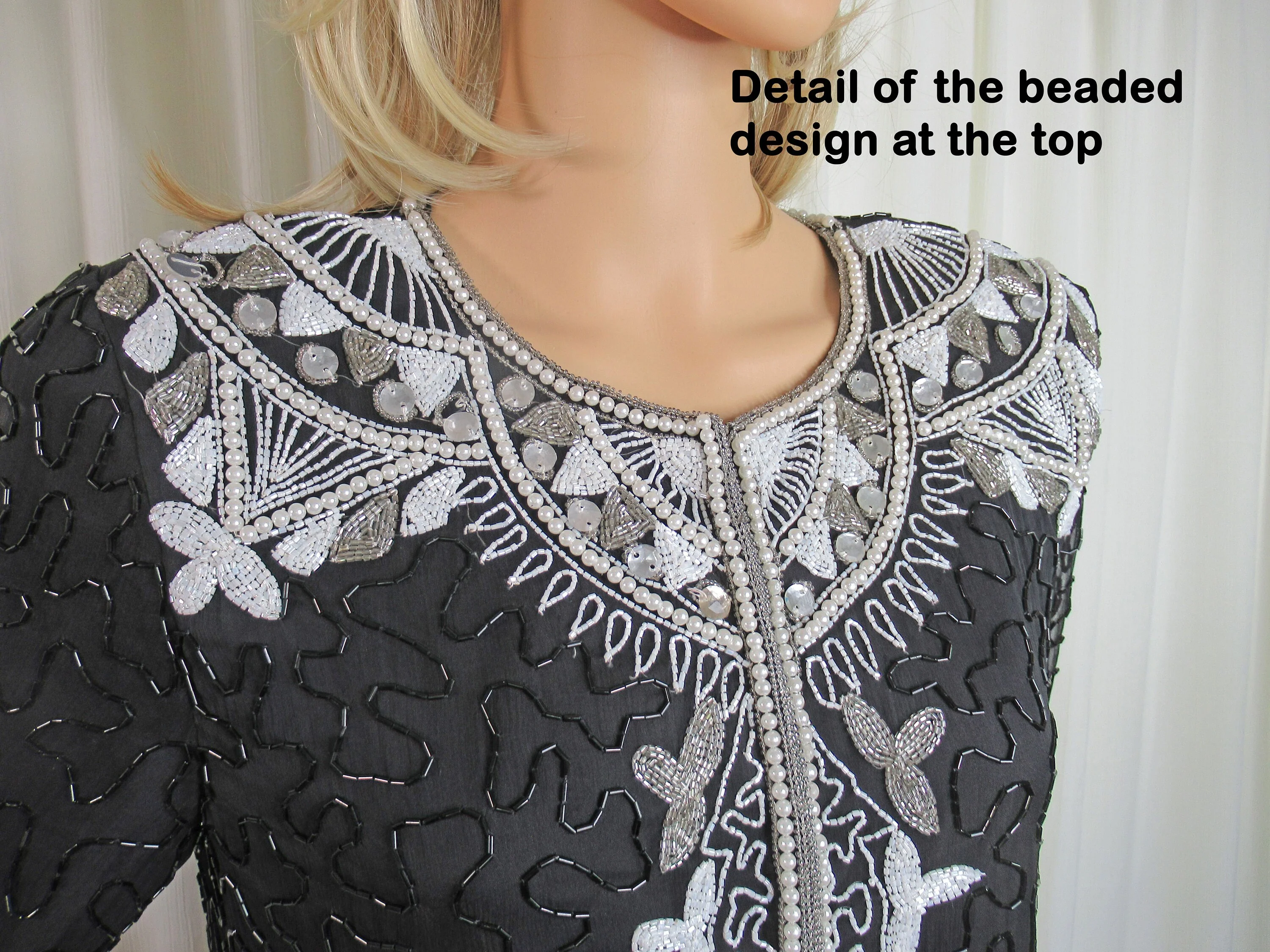 Beaded Blouse Black and White Blouse Blazer 80s Glam Made In India Silk Polyester Lining Sm Front Hooks and Eyes by Stenay - Image 5