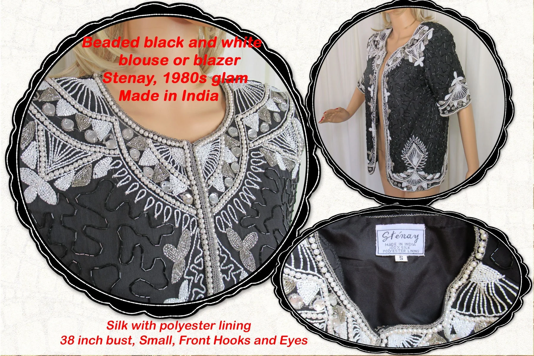 Beaded Blouse Black and White Blouse Blazer 80s Glam Made In India Silk Polyester Lining Sm Front Hooks and Eyes by Stenay - Image 6